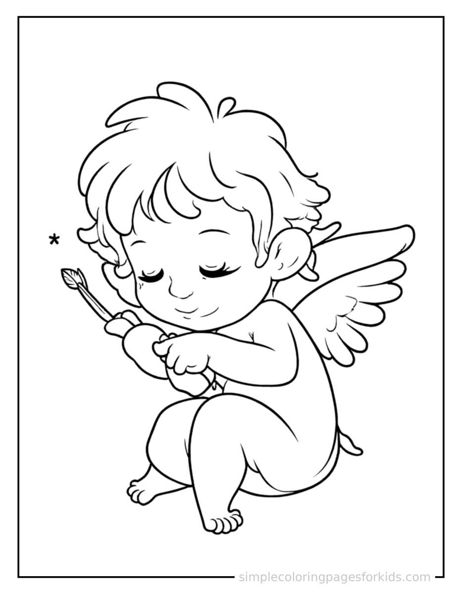 Sleepy Cupid With Tiny Wings And A Bow And Arrow Coloring Page