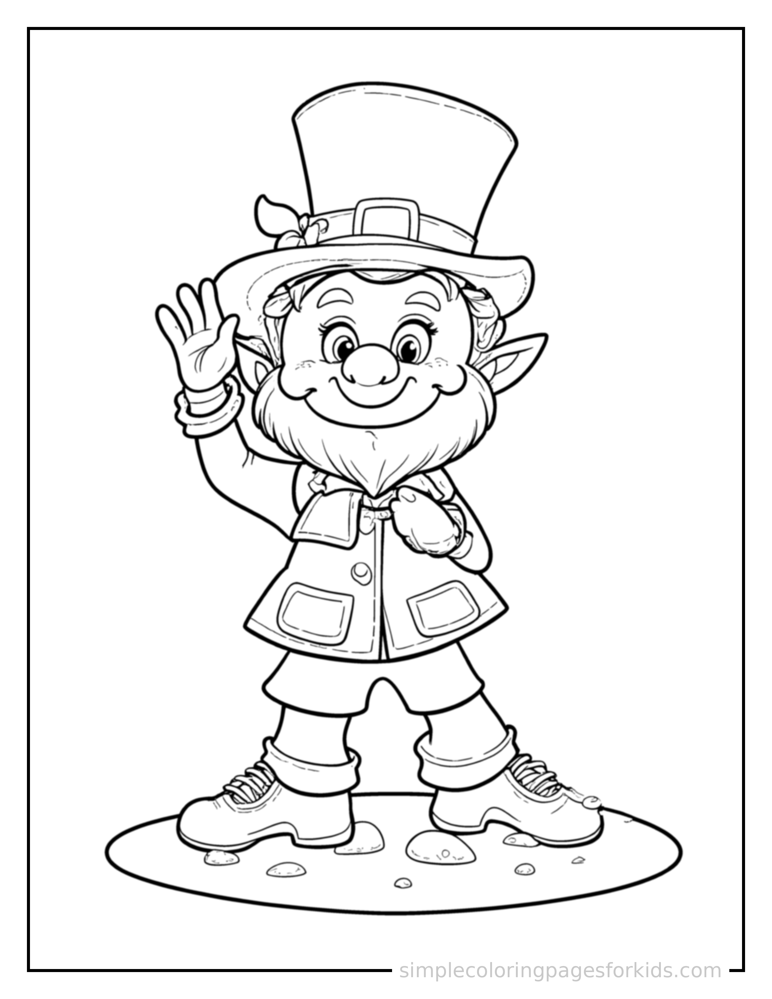 Free printable lucky leprechaun with a pot of gold coloring page featuring a cute lucky leprechaun with a pot of gold standing tall with a big cheerful grin, one hand raised in a wave, head tilted slightly.