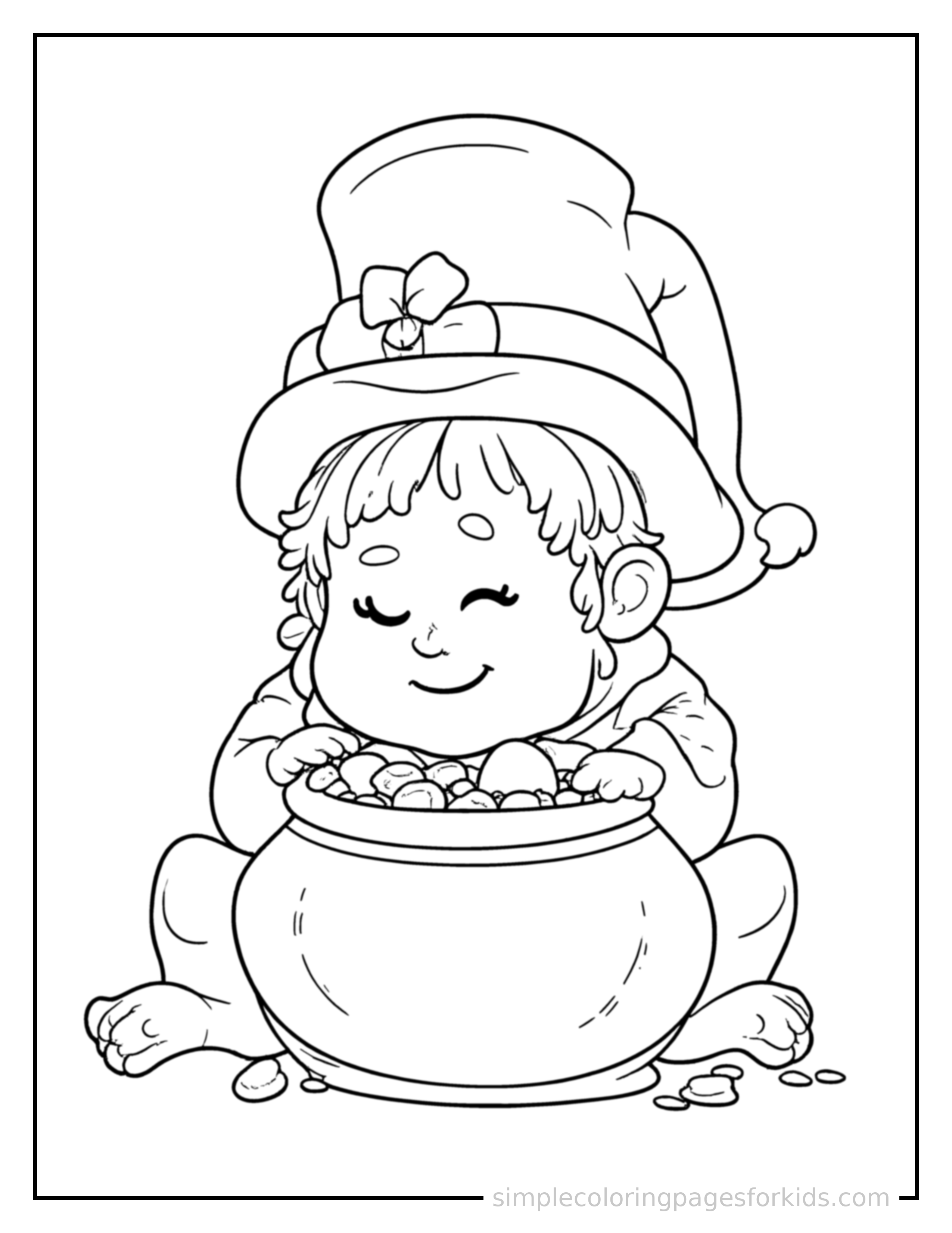 Free printable lucky leprechaun with a pot of gold coloring page featuring a cute lucky leprechaun with a pot of gold curled up fast asleep, peaceful smile, one eye scrunched shut, hands tucked under the chin.