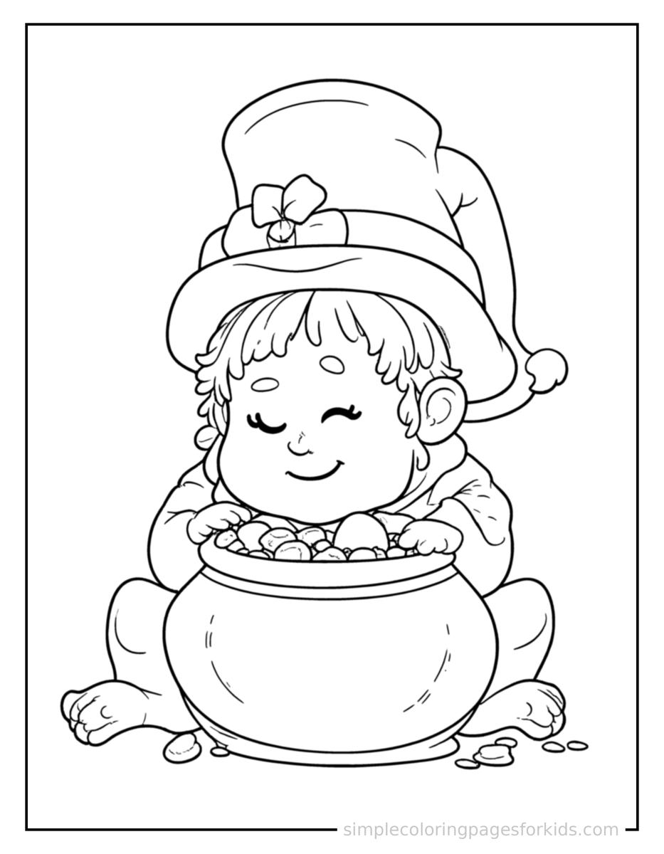Sleepy Lucky Leprechaun With A Pot Of Gold Coloring Page