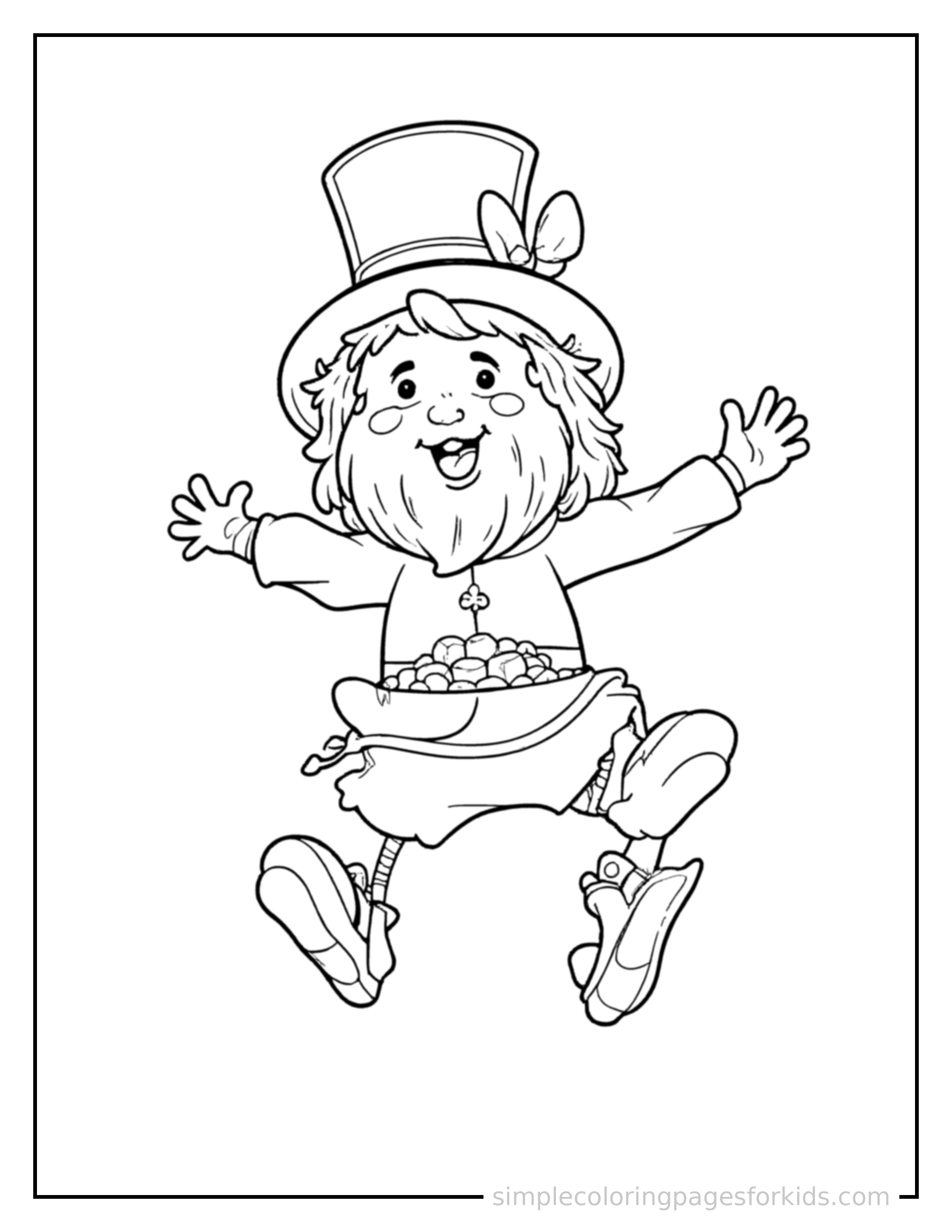 Free printable lucky leprechaun with a pot of gold coloring page featuring a cute lucky leprechaun with a pot of gold mid-jump with arms and legs stretched out playfully, mouth open with excitement.
