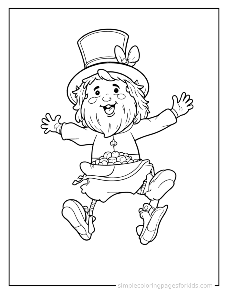 Jumping Lucky Leprechaun With A Pot Of Gold Coloring Page