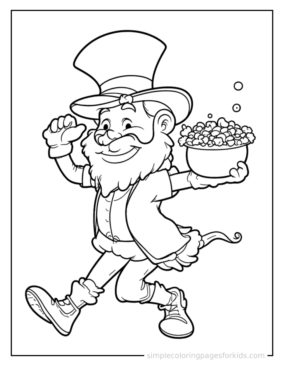 Running Lucky Leprechaun With A Pot Of Gold Coloring Page