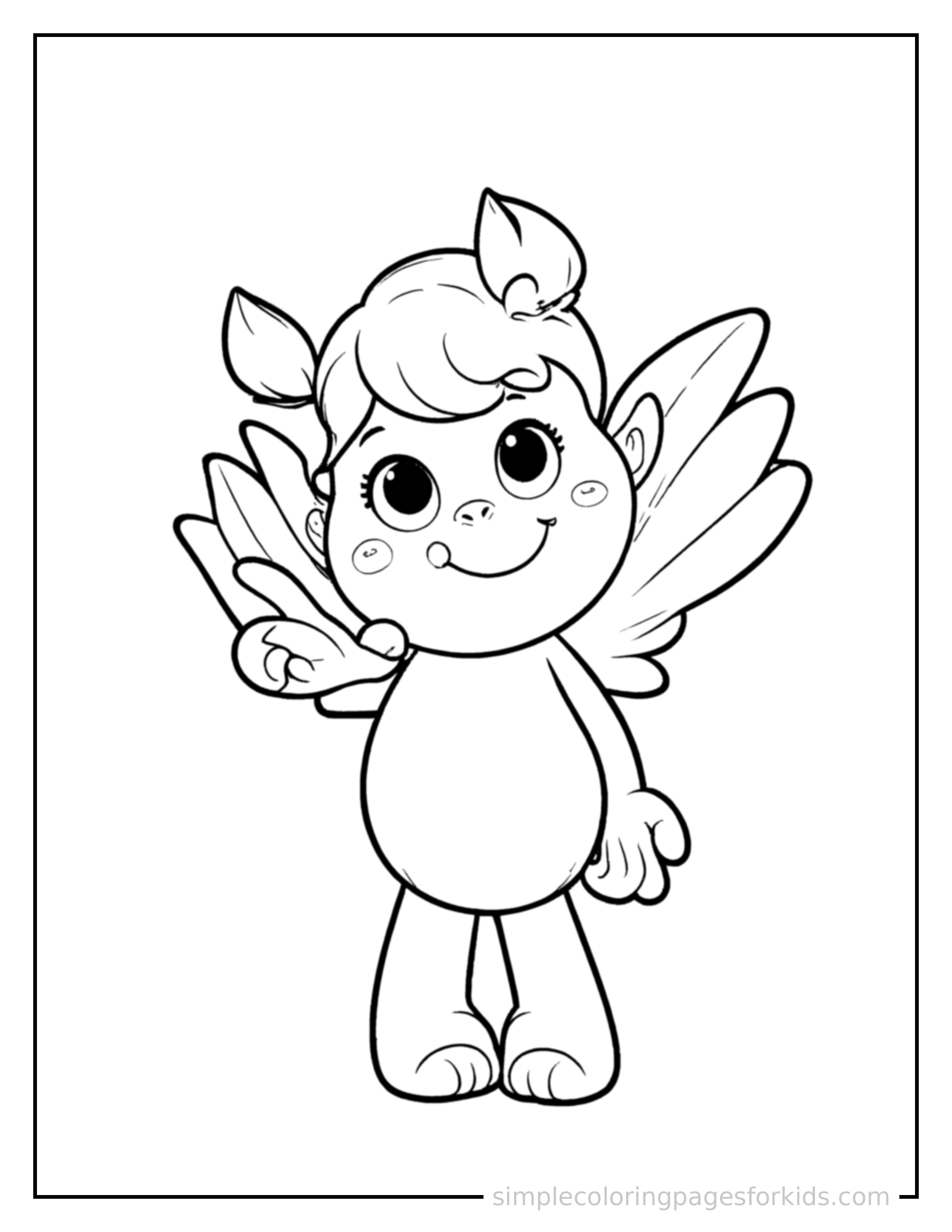 Free printable tiny sprite with glowing wings coloring page featuring a cute tiny sprite with glowing wings standing tall with a big cheerful grin, one hand raised in a wave, head tilted slightly.