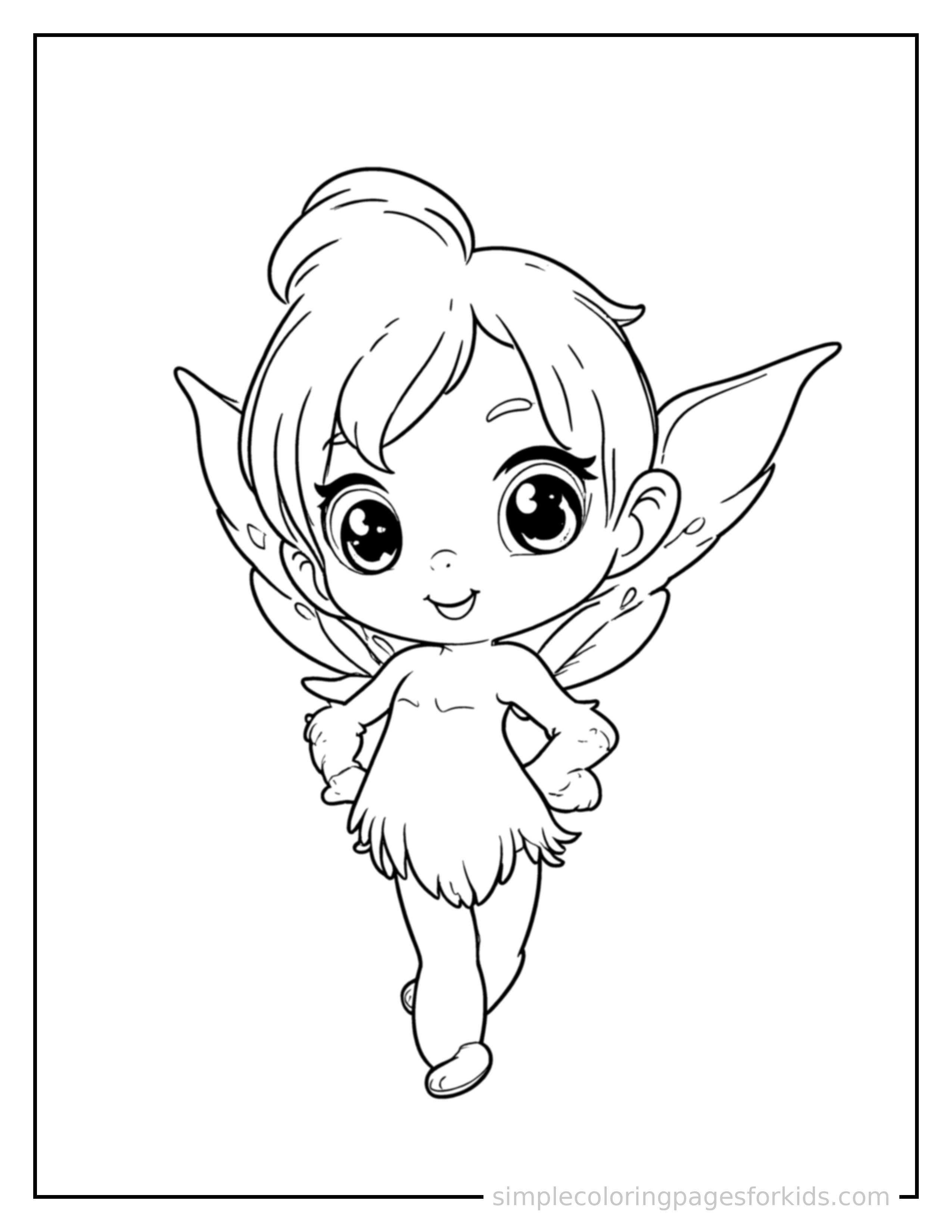 Free printable tiny sprite with glowing wings coloring page featuring a cute tiny sprite with glowing wings standing proudly with hands on hips, chest out, big sparkling happy eyes and open smile.