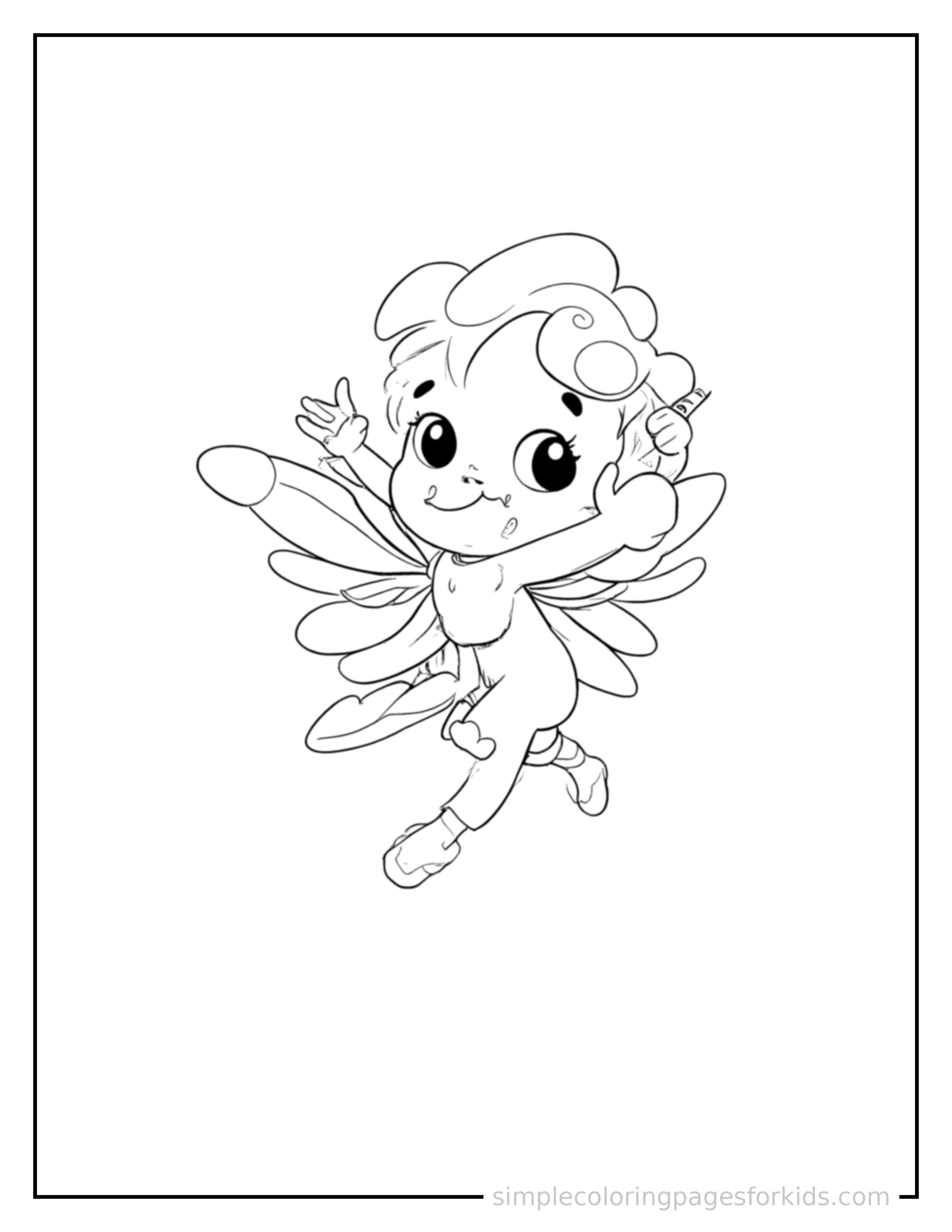 Free printable tiny sprite with glowing wings coloring page featuring a cute tiny sprite with glowing wings mid-jump with arms and legs stretched out playfully, mouth open with excitement.