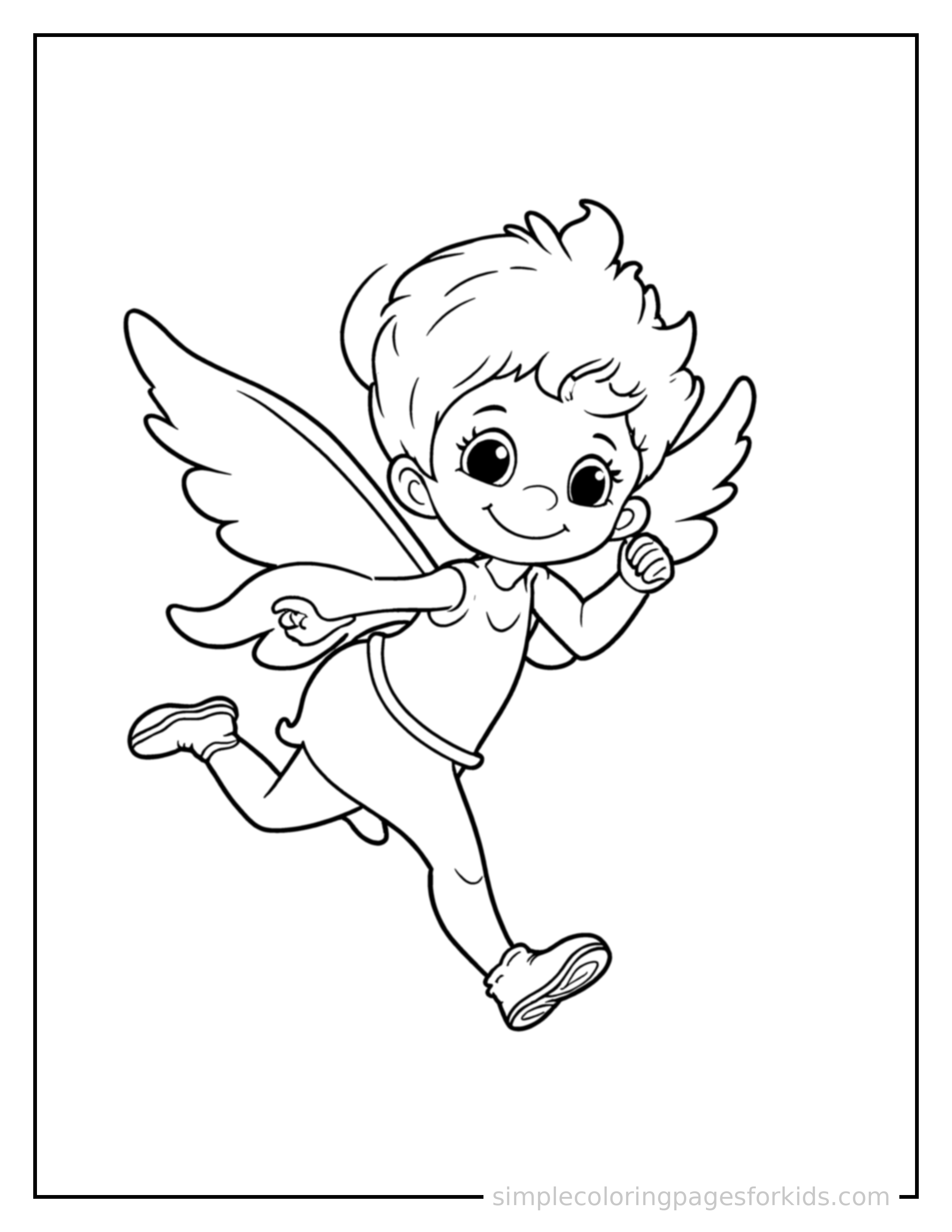Free printable tiny sprite with glowing wings coloring page featuring a cute tiny sprite with glowing wings running forward at full speed, arms pumping, big happy grin.