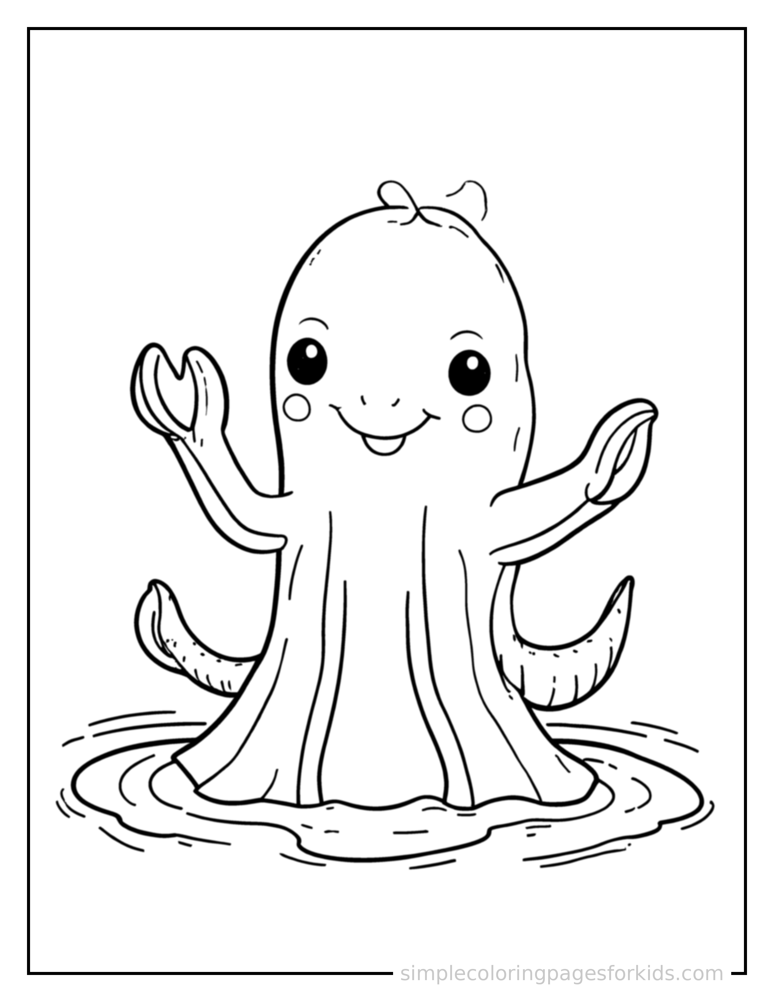 Free printable friendly kraken peeking out of the water coloring page featuring a cute friendly kraken peeking out of the water standing tall with a big cheerful grin, one hand raised in a wave, head tilted slightly.
