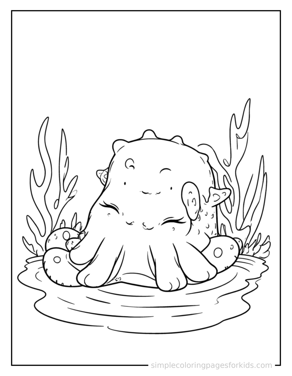 Sleepy Friendly Kraken Peeking Out Of The Water Coloring Page