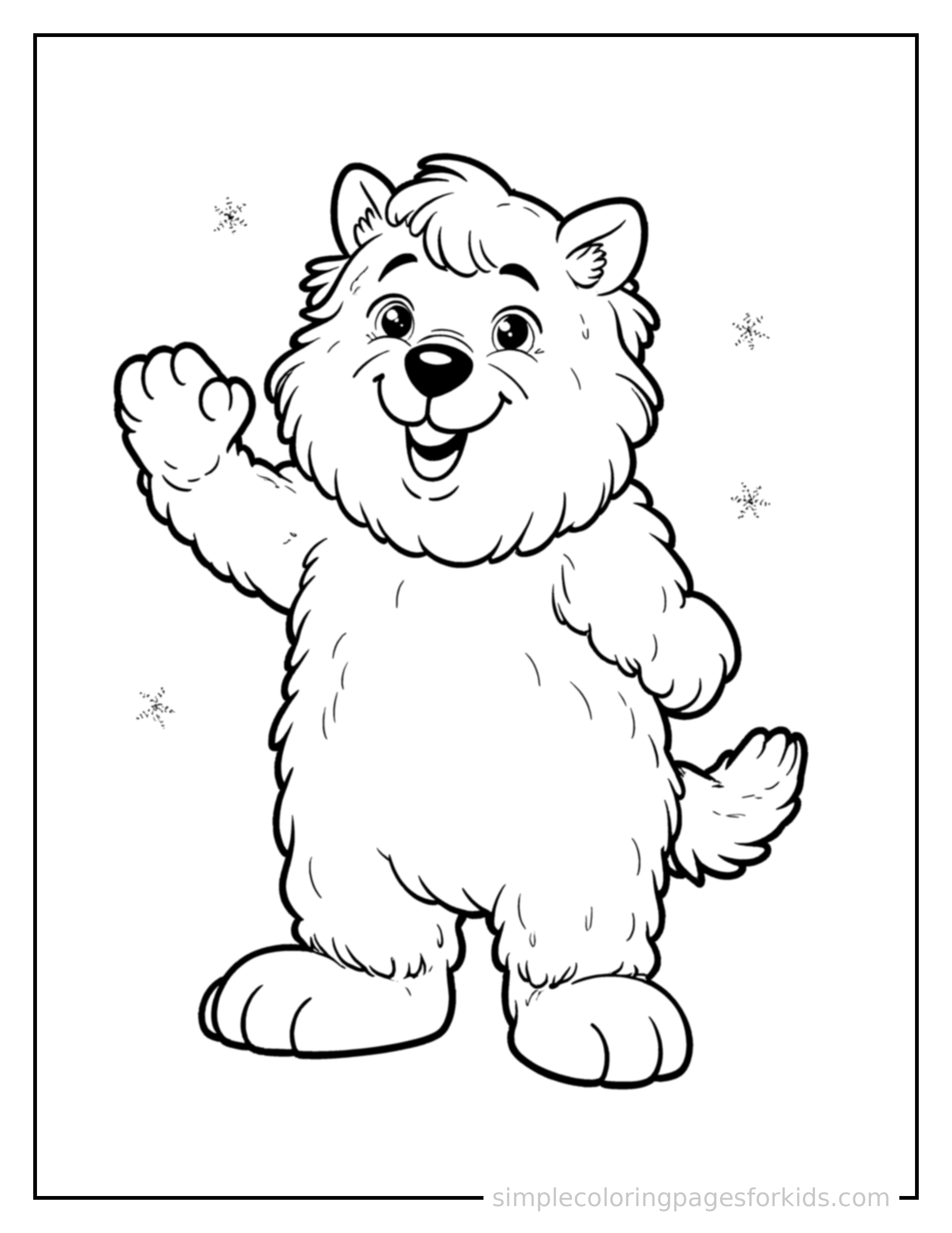 Free printable fluffy yeti in the snow coloring page featuring a cute fluffy yeti in the snow standing tall with a big cheerful grin, one hand raised in a wave, head tilted slightly.