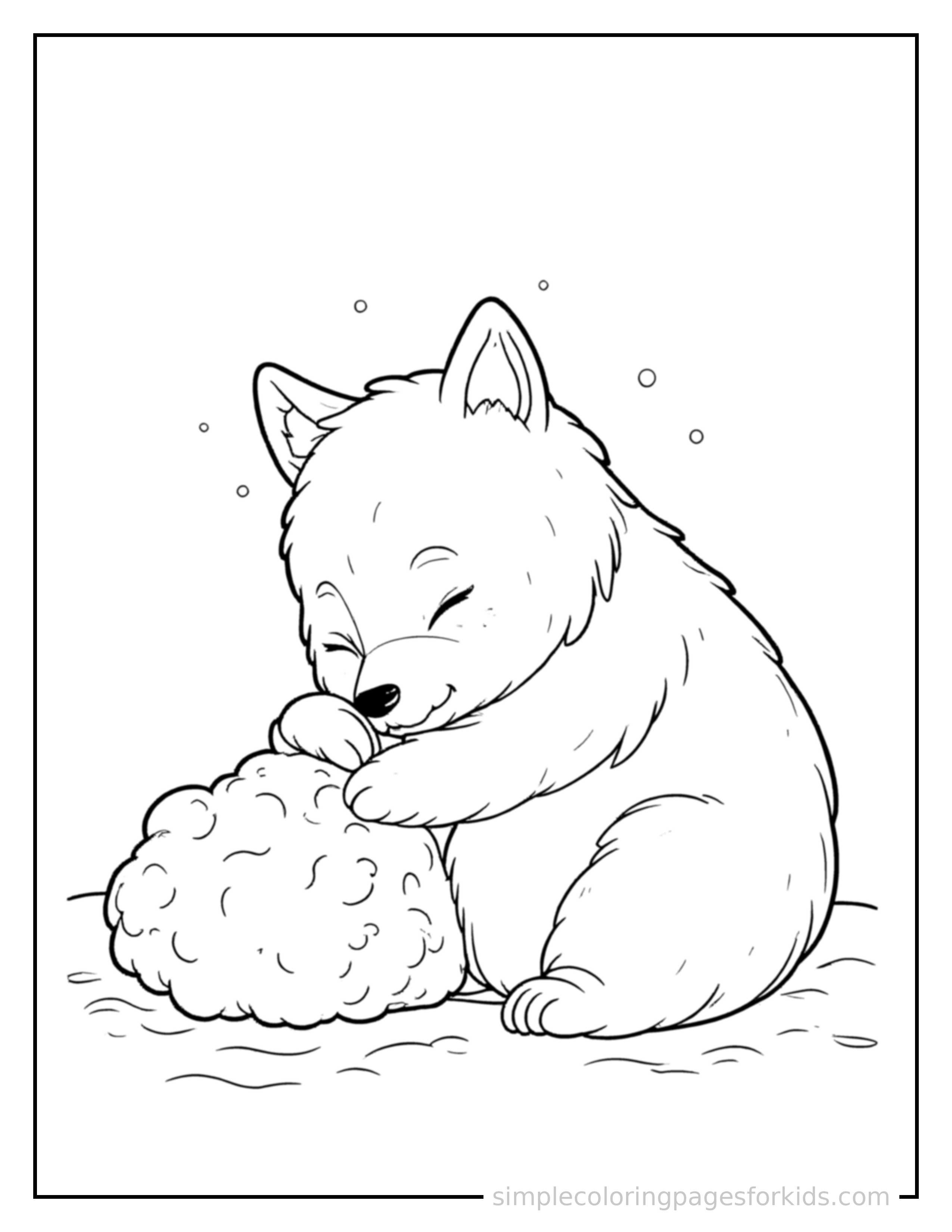 Free printable fluffy yeti in the snow coloring page featuring a cute fluffy yeti in the snow curled up fast asleep, peaceful smile, one eye scrunched shut, hands tucked under the chin.
