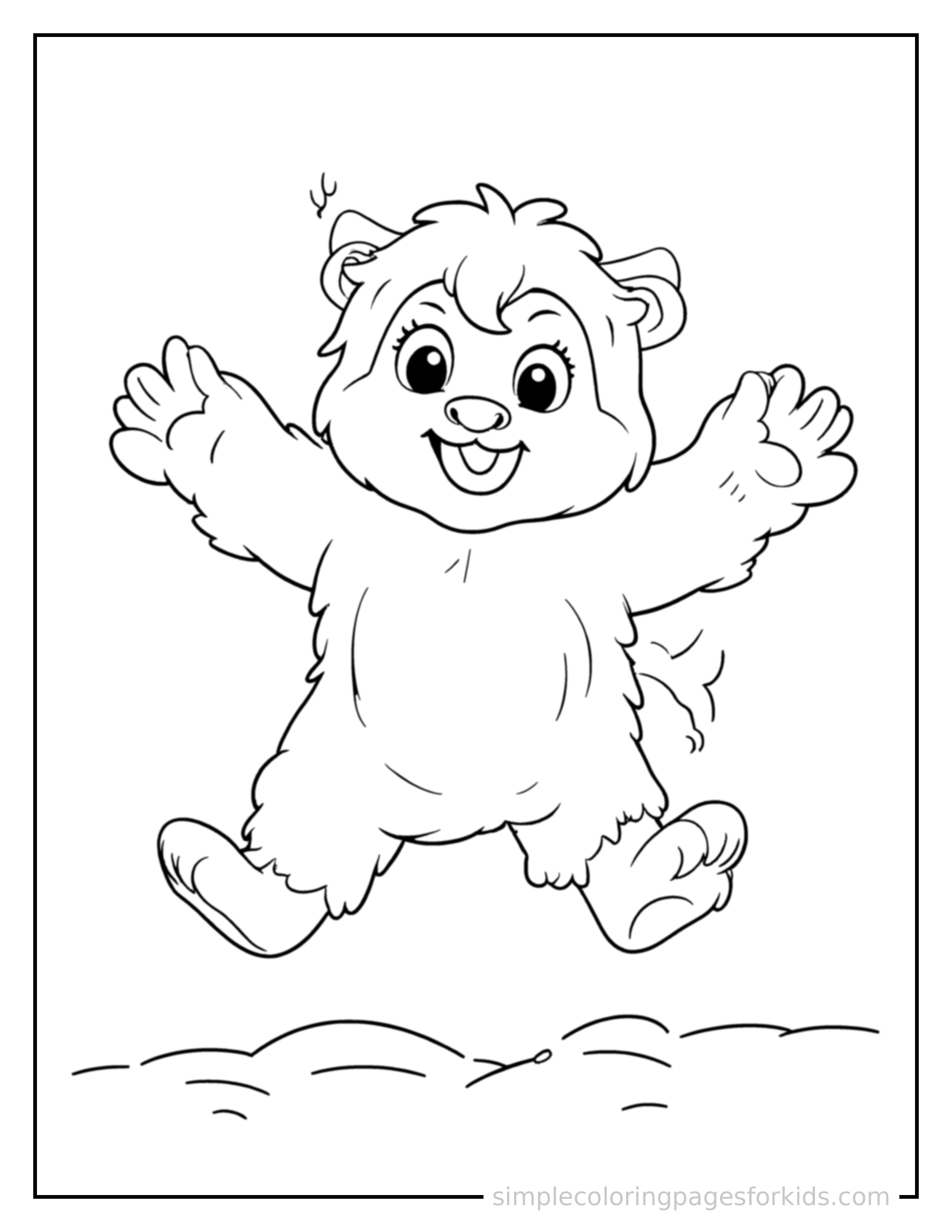 Free printable fluffy yeti in the snow coloring page featuring a cute fluffy yeti in the snow mid-jump with arms and legs stretched out playfully, mouth open with excitement.