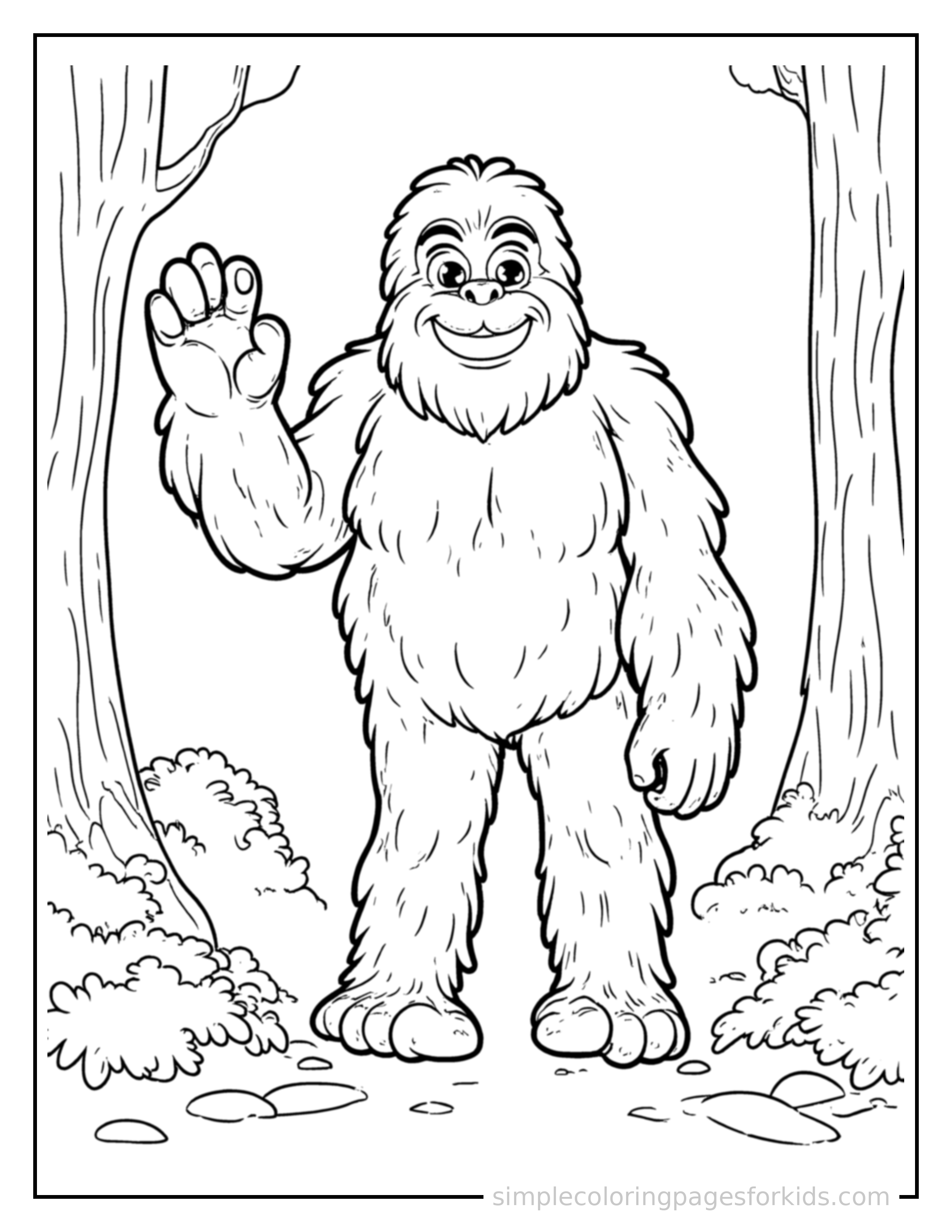 Free printable friendly bigfoot in the forest coloring page featuring a cute friendly bigfoot in the forest standing tall with a big cheerful grin, one hand raised in a wave, head tilted slightly.