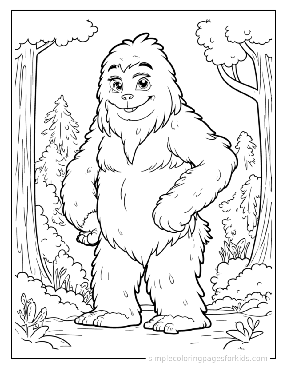 Proud Friendly Bigfoot In The Forest Coloring Page