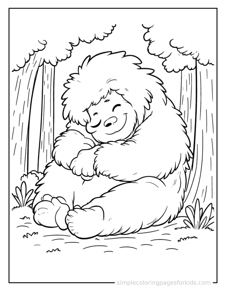 Sleepy Friendly Bigfoot In The Forest Coloring Page