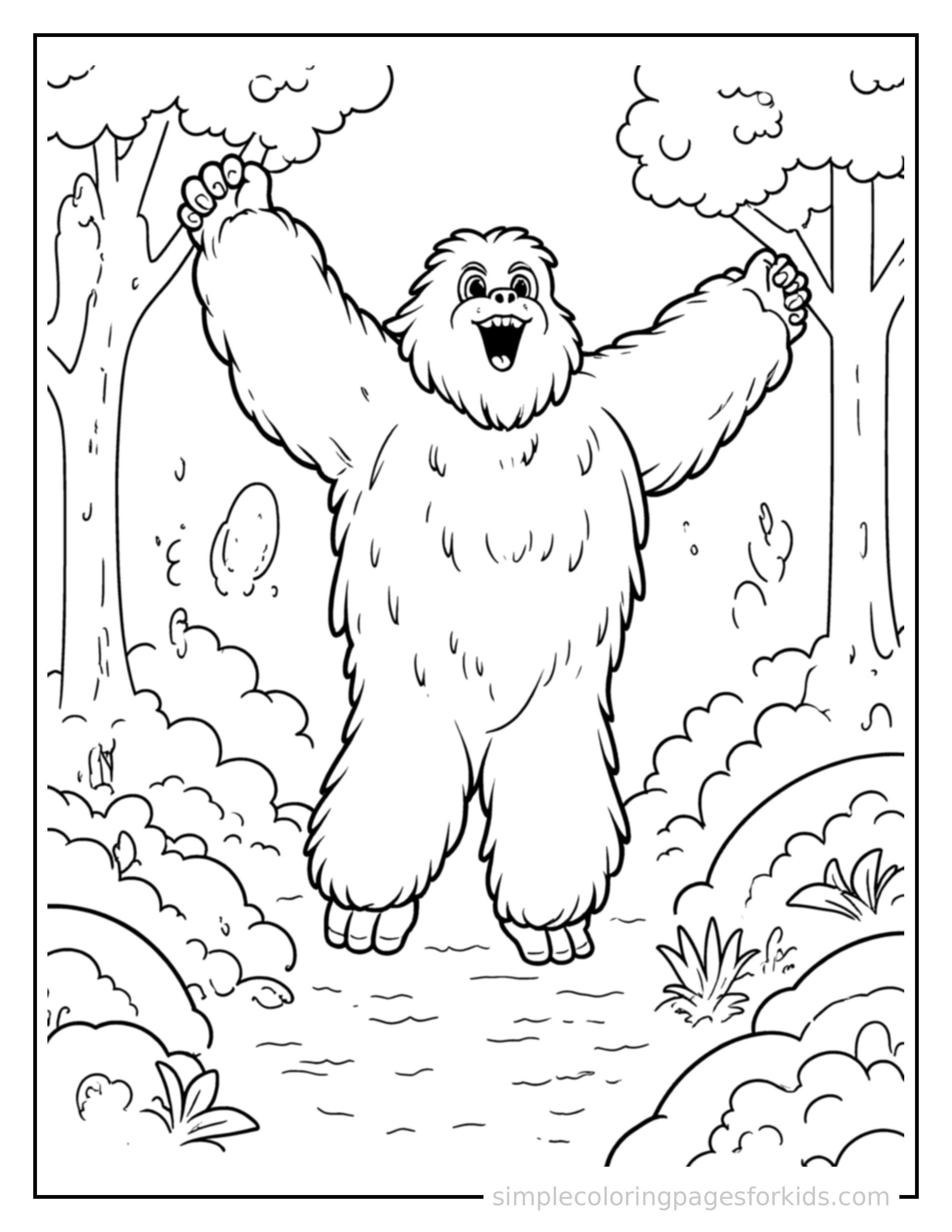 Free printable friendly bigfoot in the forest coloring page featuring a cute friendly bigfoot in the forest mid-jump with arms and legs stretched out playfully, mouth open with excitement.