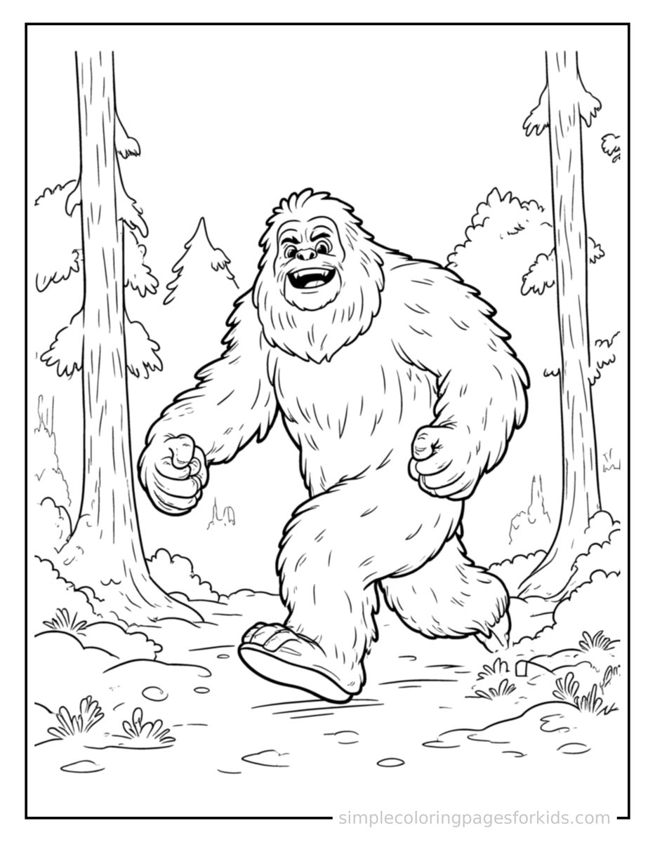 Running Friendly Bigfoot In The Forest Coloring Page