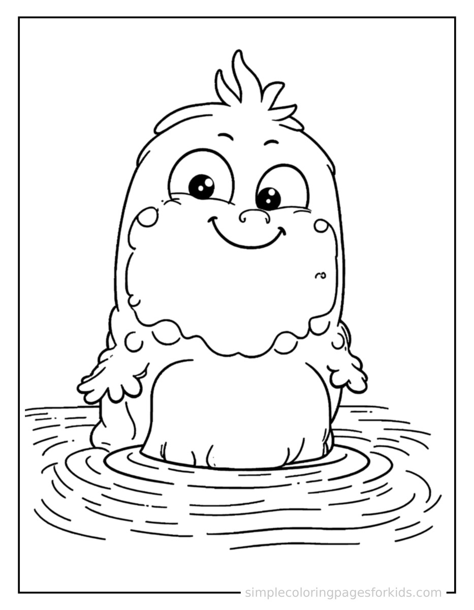 Proud Cute Lake Monster Peeking From The Water Coloring Page