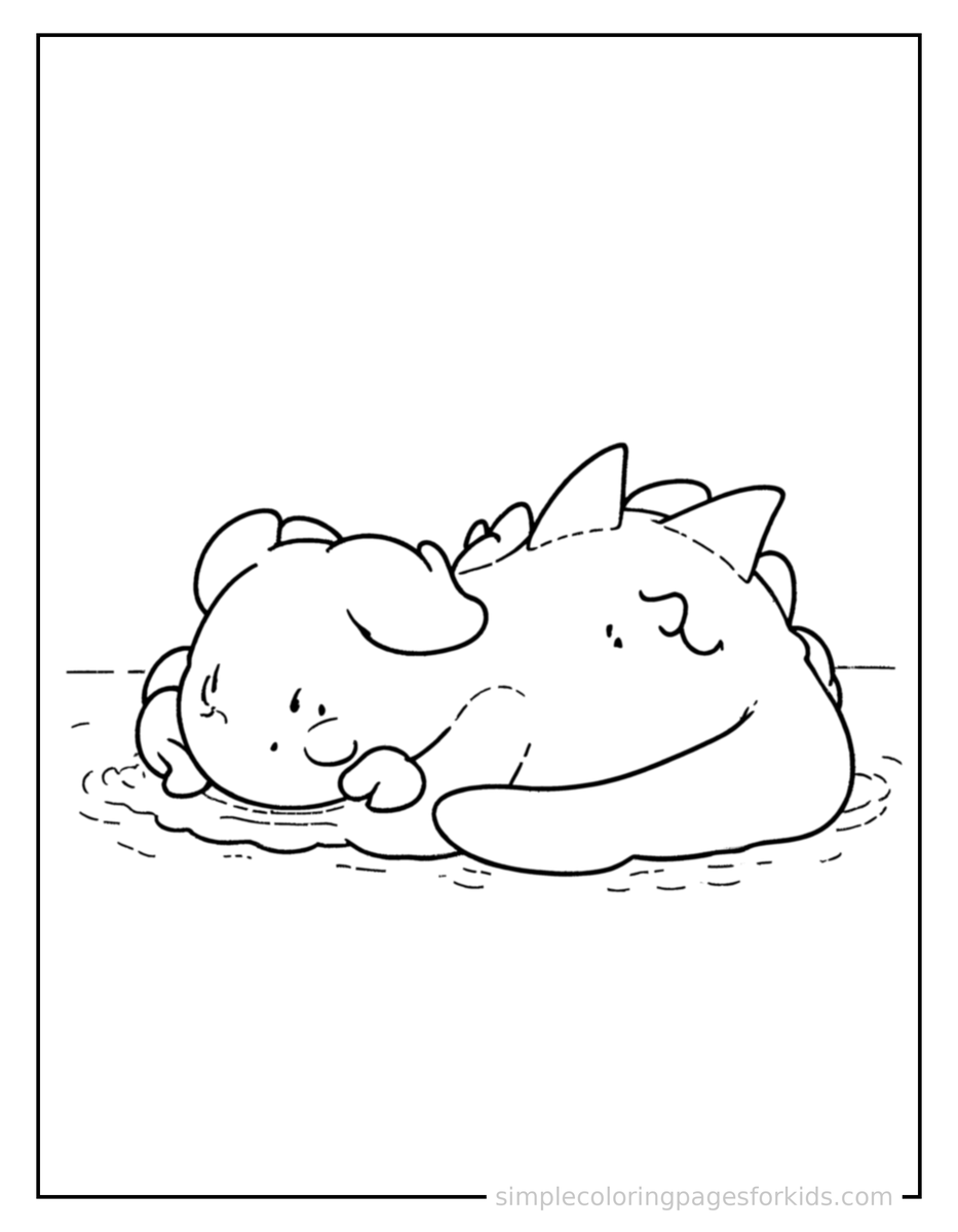 Sleepy Cute Lake Monster Peeking From The Water Coloring Page