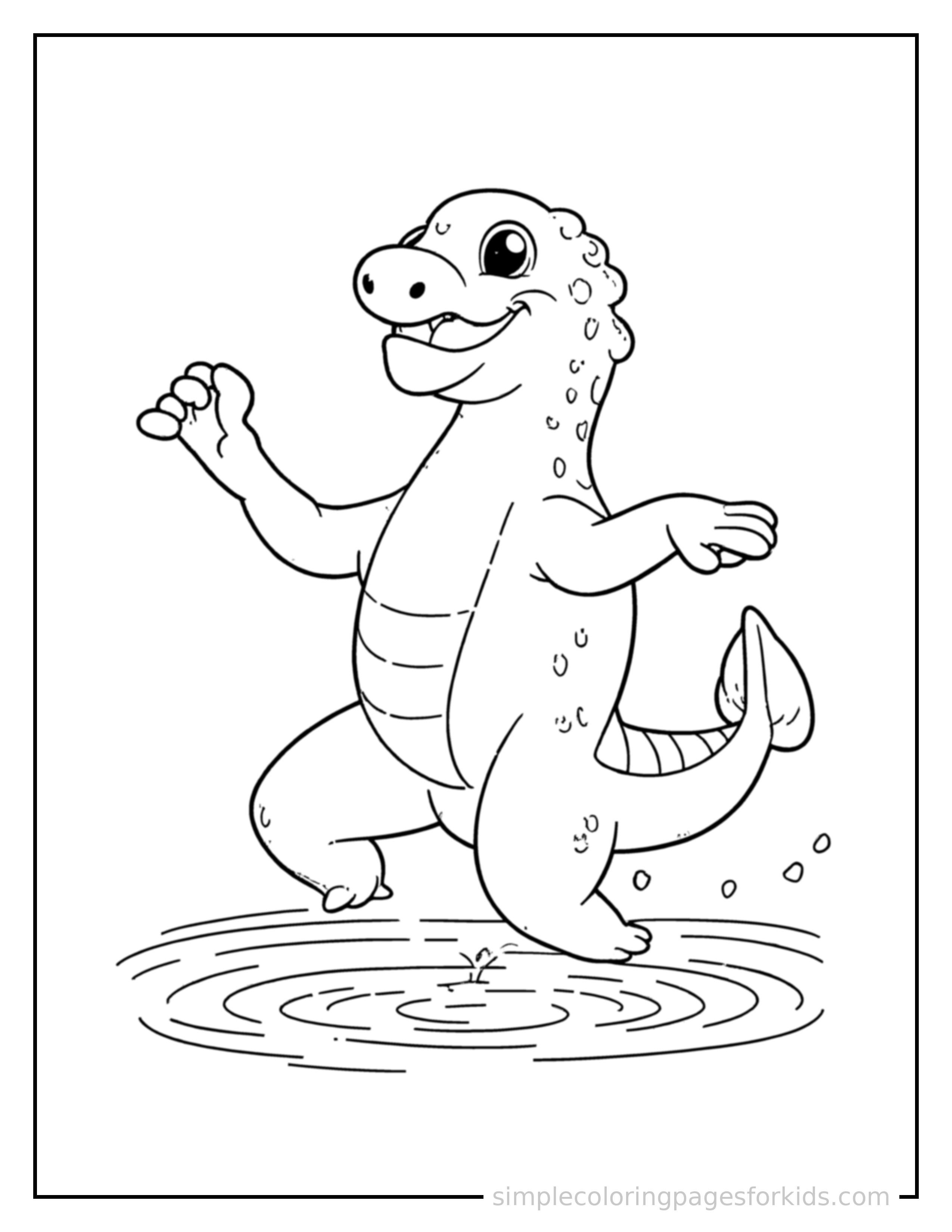 Free printable cute lake monster peeking from the water coloring page featuring a cute lake monster peeking from the water mid-jump with arms and legs stretched out playfully, mouth open with excitement.