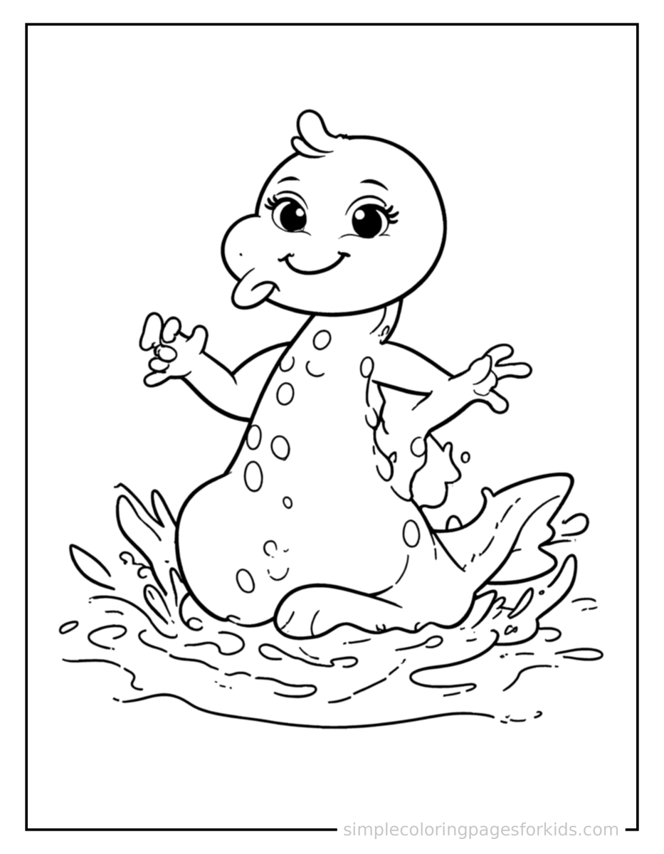 Running Cute Lake Monster Peeking From The Water Coloring Page