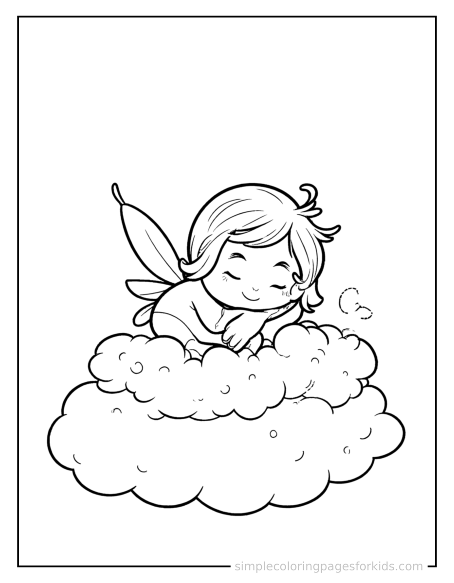 Sleepy Cloud Fairy Sitting On A Fluffy Cloud Coloring Page