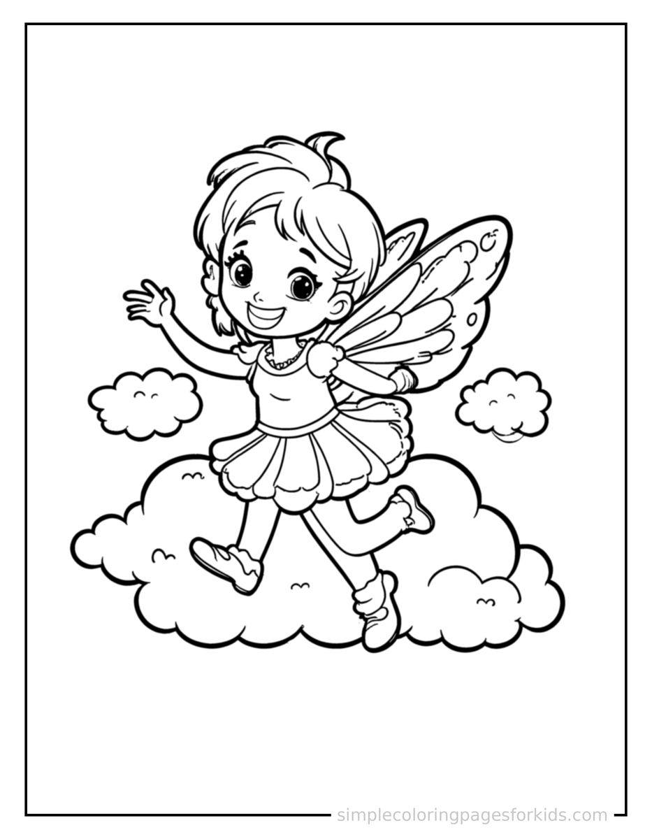 Running Cloud Fairy Sitting On A Fluffy Cloud Coloring Page