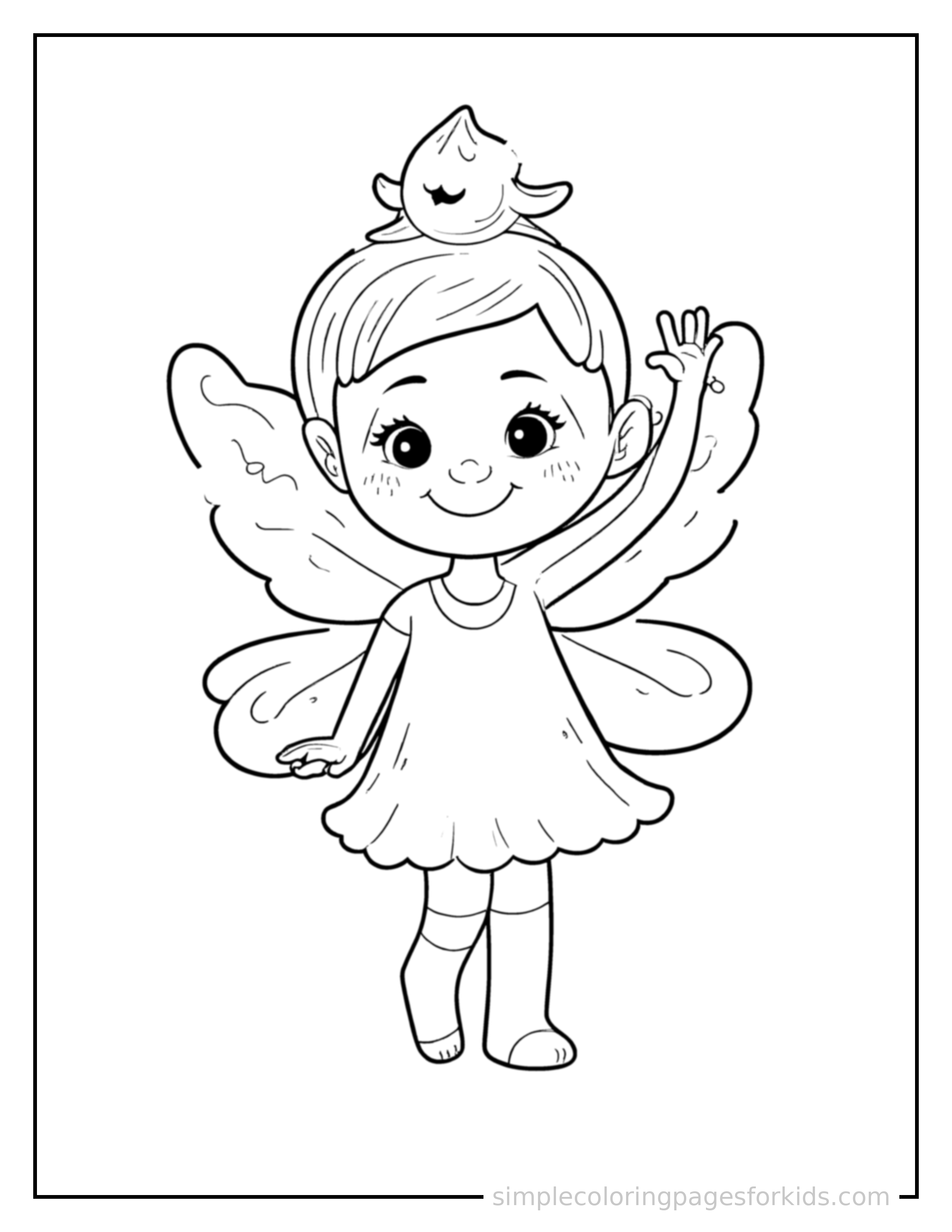 Free printable star fairy holding a glowing star coloring page featuring a cute star fairy holding a glowing star standing tall with a big cheerful grin, one hand raised in a wave, head tilted slightly.