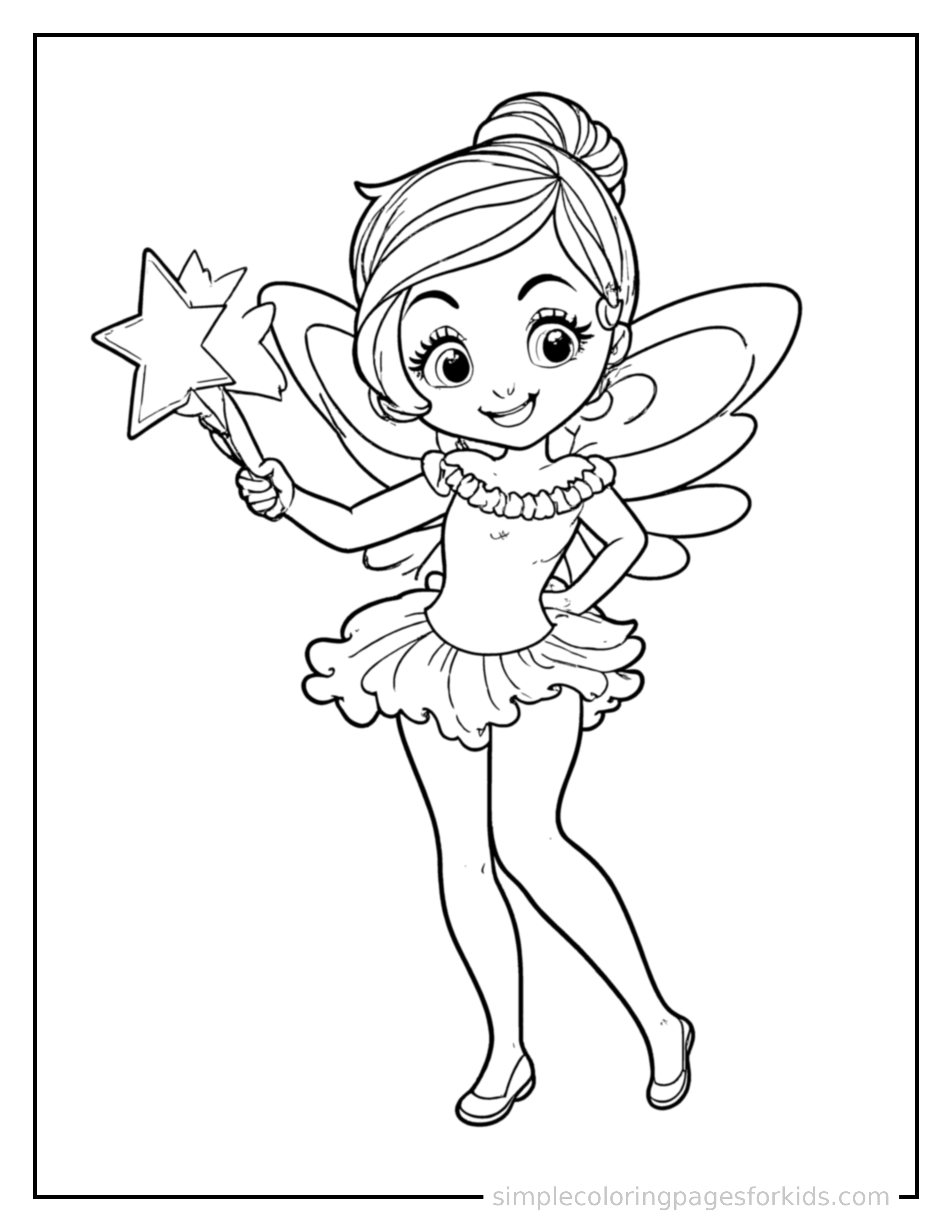 Free printable star fairy holding a glowing star coloring page featuring a cute star fairy holding a glowing star standing proudly with hands on hips, chest out, big sparkling happy eyes and open smile.