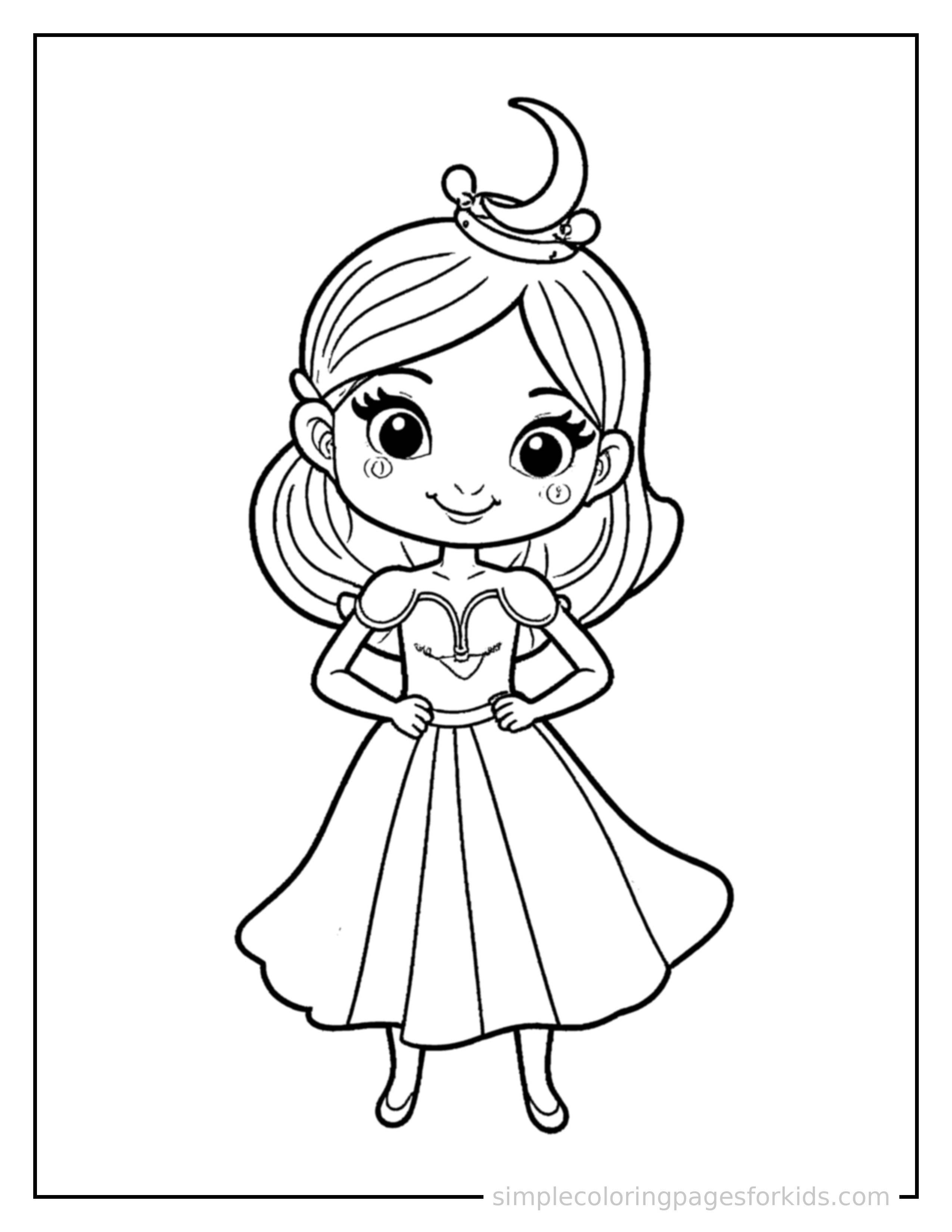 Free printable moon princess with a crescent moon crown coloring page featuring a cute moon princess with a crescent moon crown standing proudly with hands on hips, chest out, big sparkling happy eyes and open smile.