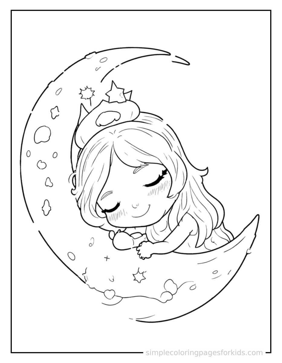 Sleepy Moon Princess With A Crescent Moon Crown Coloring Page