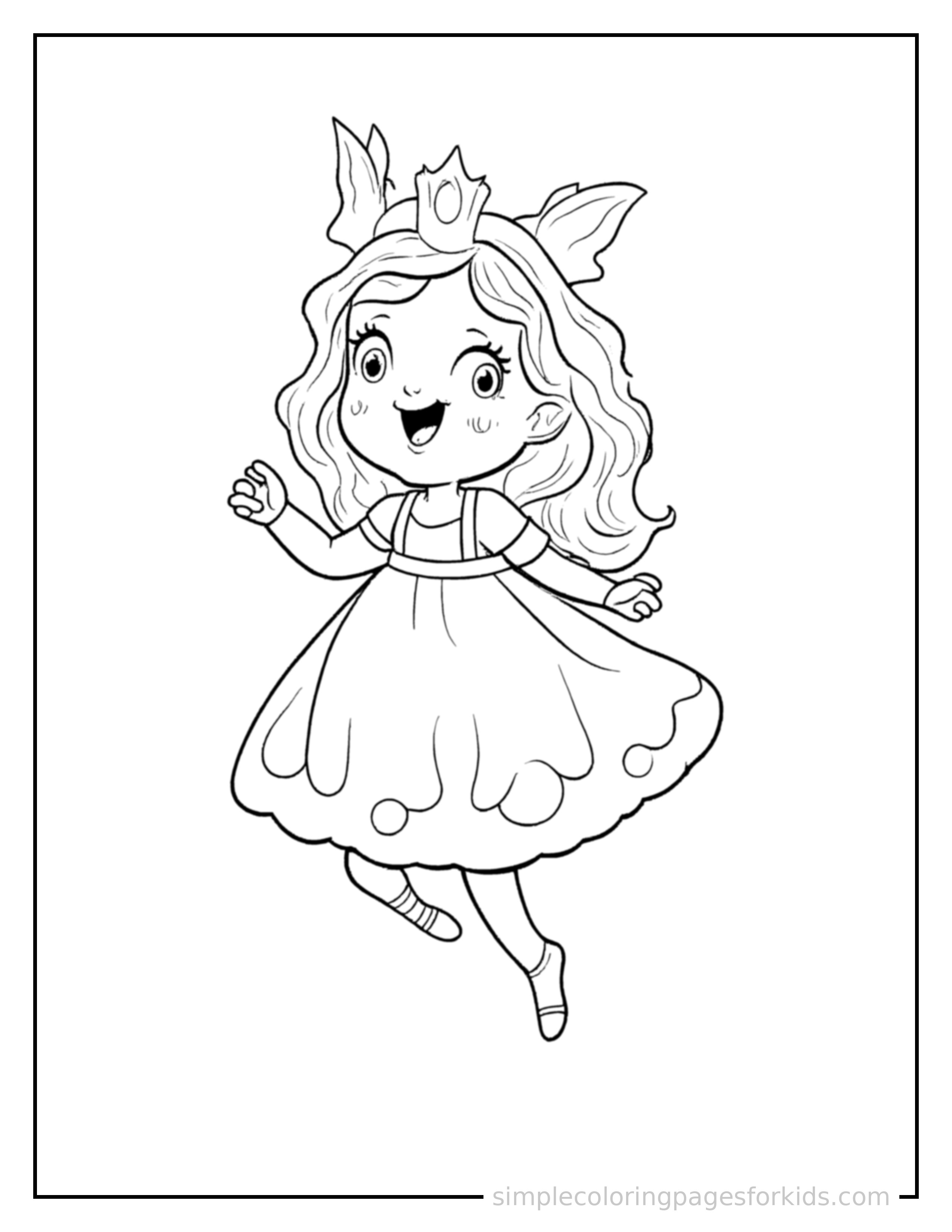 Free printable moon princess with a crescent moon crown coloring page featuring a cute moon princess with a crescent moon crown mid-jump with arms and legs stretched out playfully, mouth open with excitement.