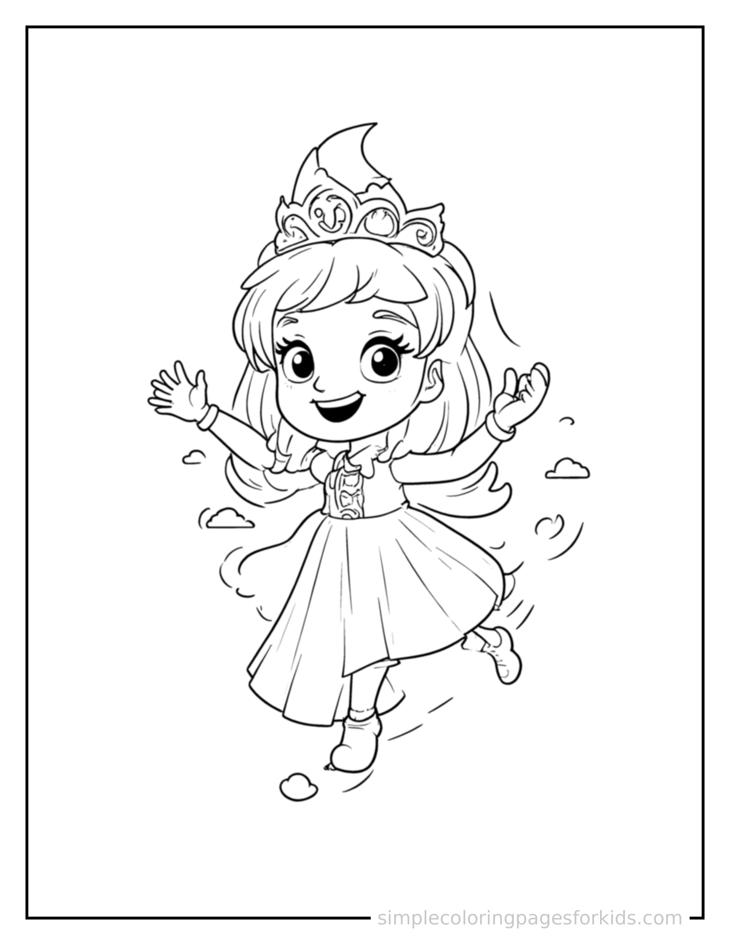 Free printable moon princess with a crescent moon crown coloring page featuring a cute moon princess with a crescent moon crown running forward at full speed, arms pumping, big happy grin.