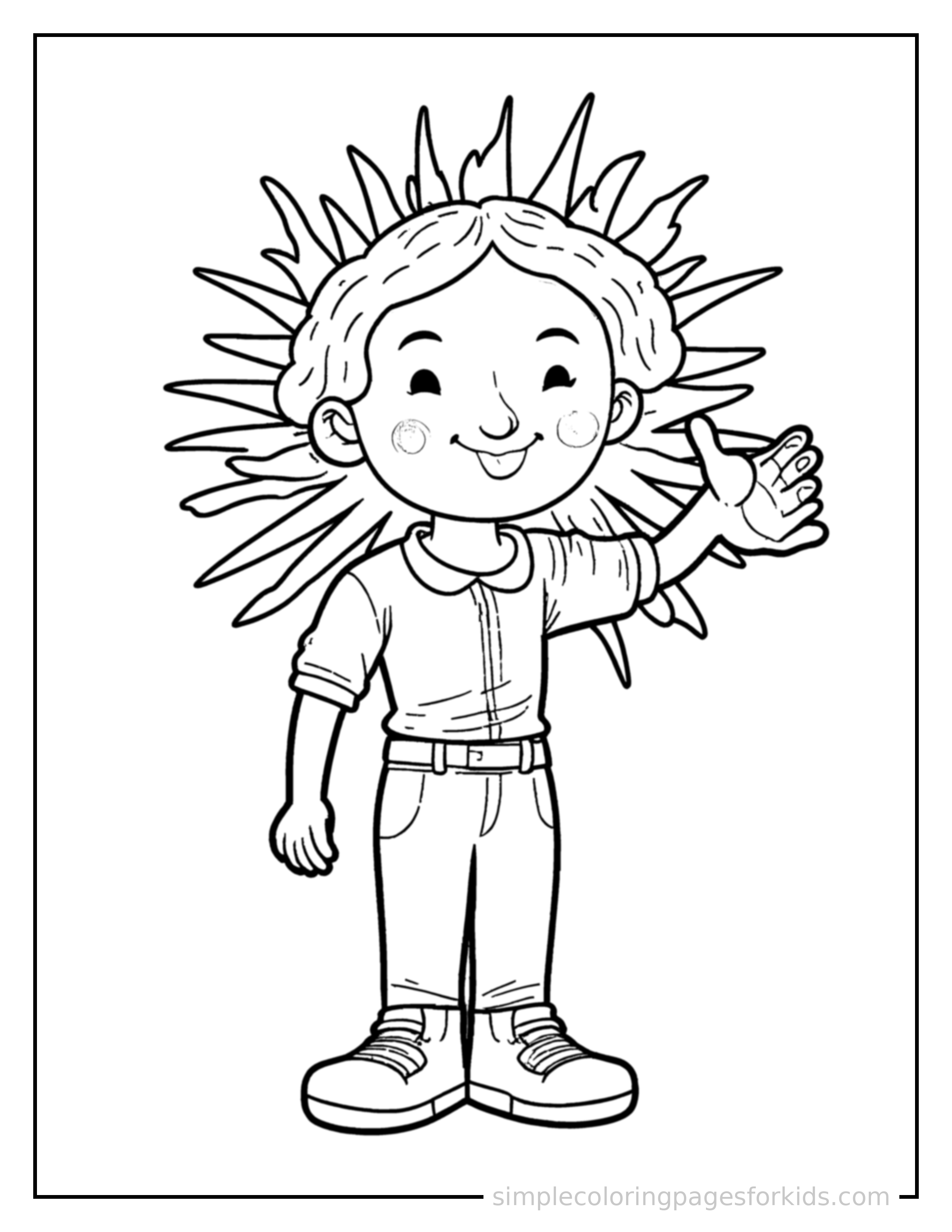 Free printable sun prince with golden rays around his head coloring page featuring a cute sun prince with golden rays around his head standing tall with a big cheerful grin, one hand raised in a wave, head tilted slightly.