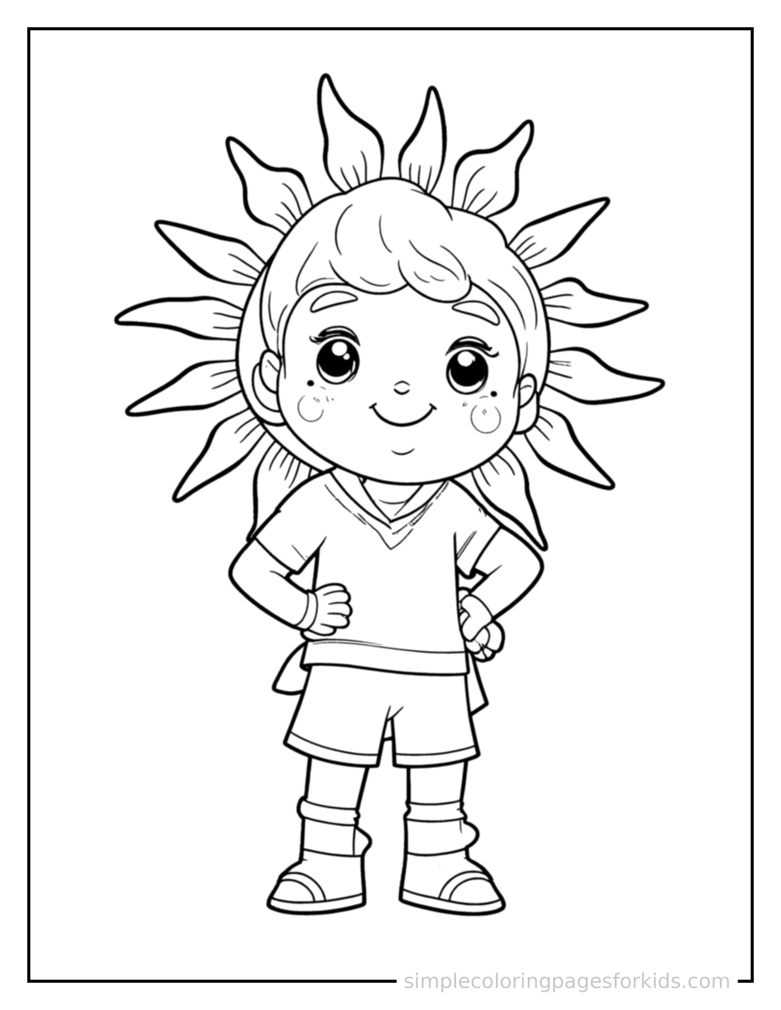 Free printable sun prince with golden rays around his head coloring page featuring a cute sun prince with golden rays around his head standing proudly with hands on hips, chest out, big sparkling happy eyes and open smile.