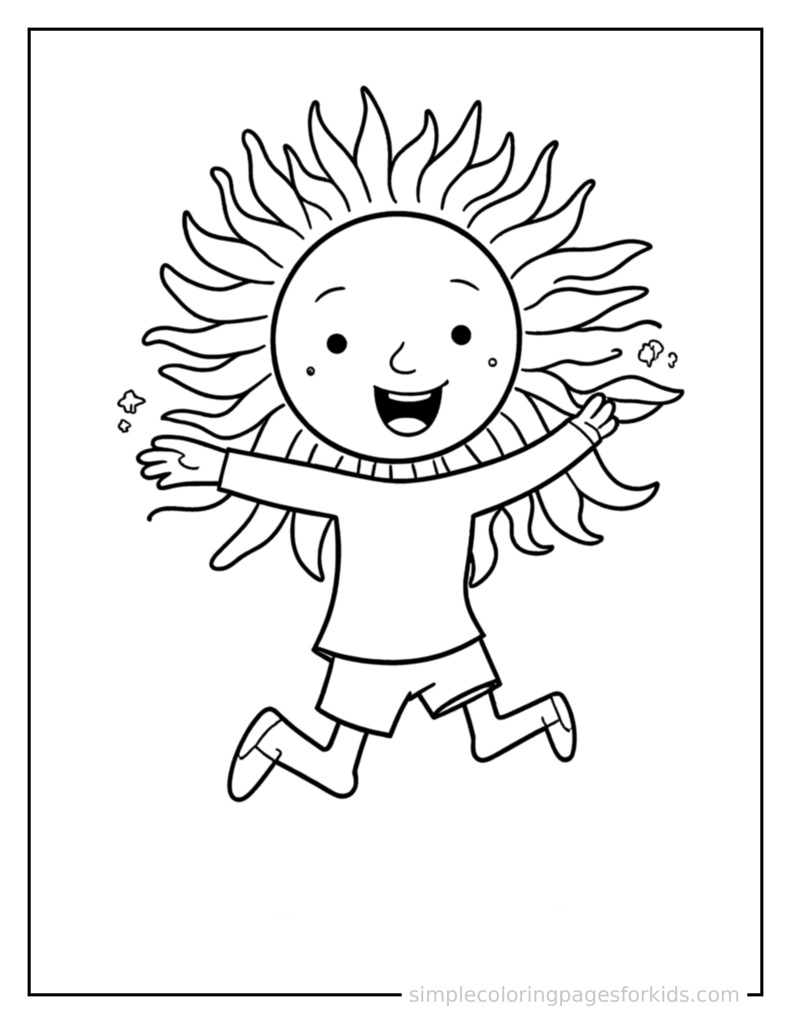 Free printable sun prince with golden rays around his head coloring page featuring a cute sun prince with golden rays around his head mid-jump with arms and legs stretched out playfully, mouth open with excitement.