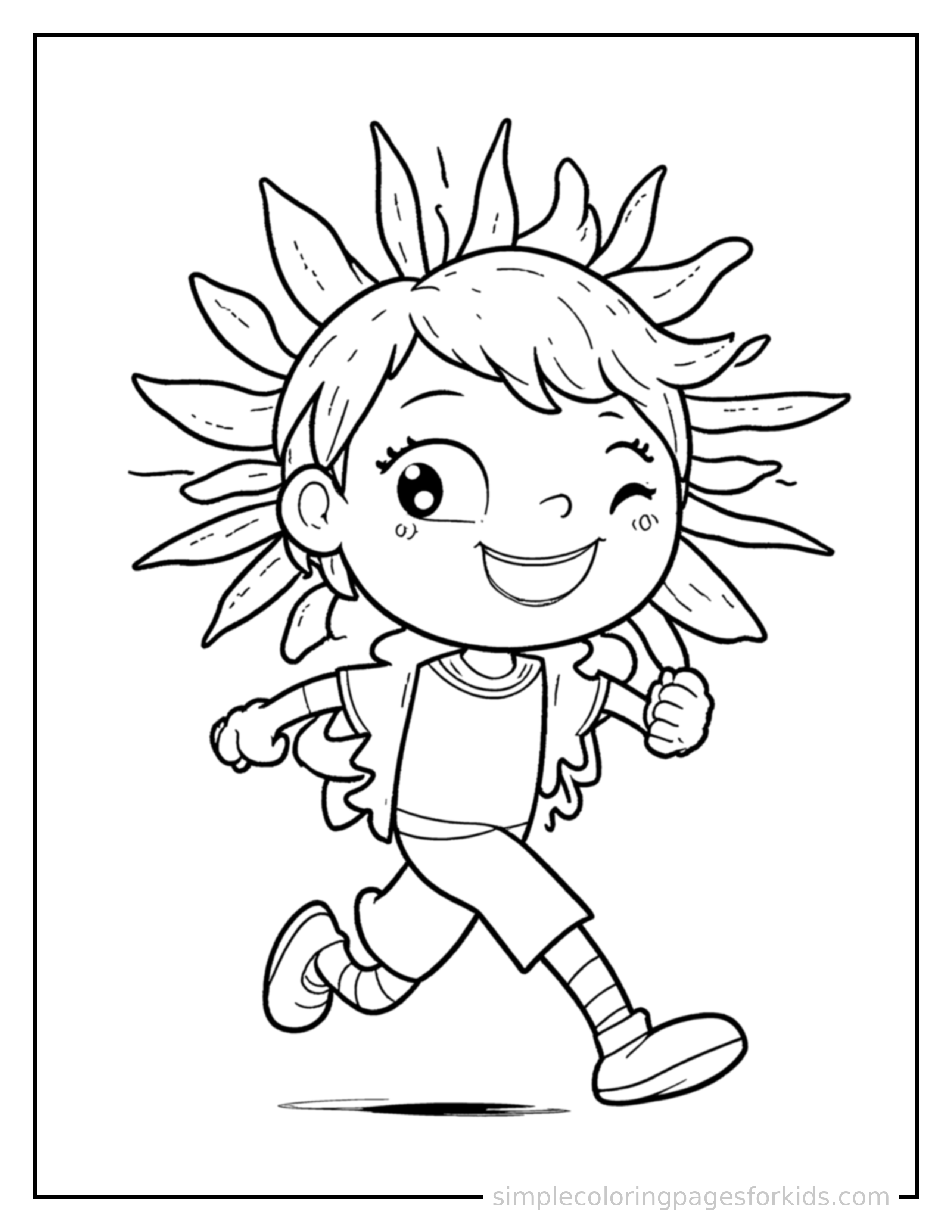 Free printable sun prince with golden rays around his head coloring page featuring a cute sun prince with golden rays around his head running forward at full speed, arms pumping, big happy grin.