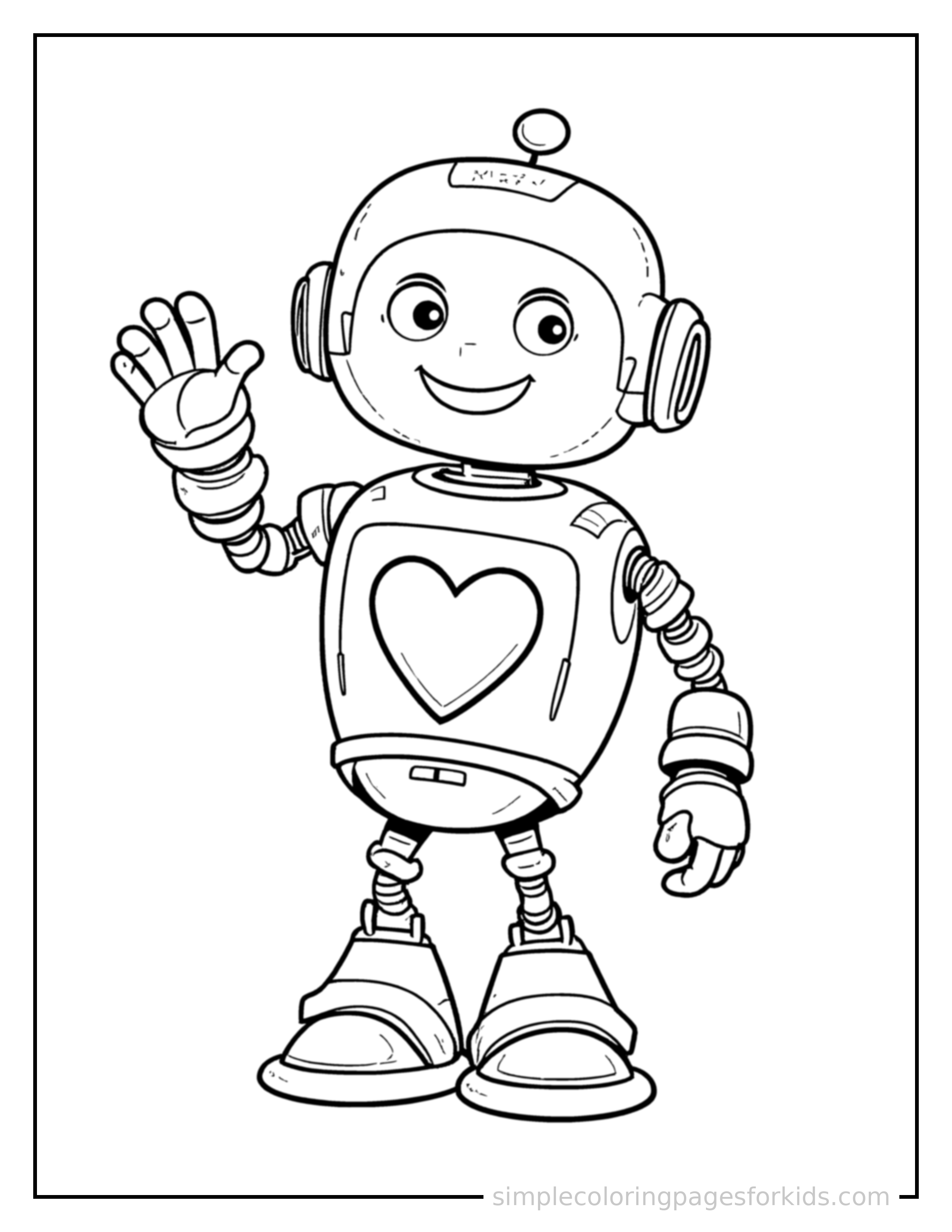 Free printable little robot friend with a heart-shaped screen coloring page featuring a cute little robot friend with a heart-shaped screen standing tall with a big cheerful grin, one hand raised in a wave, head tilted slightly.