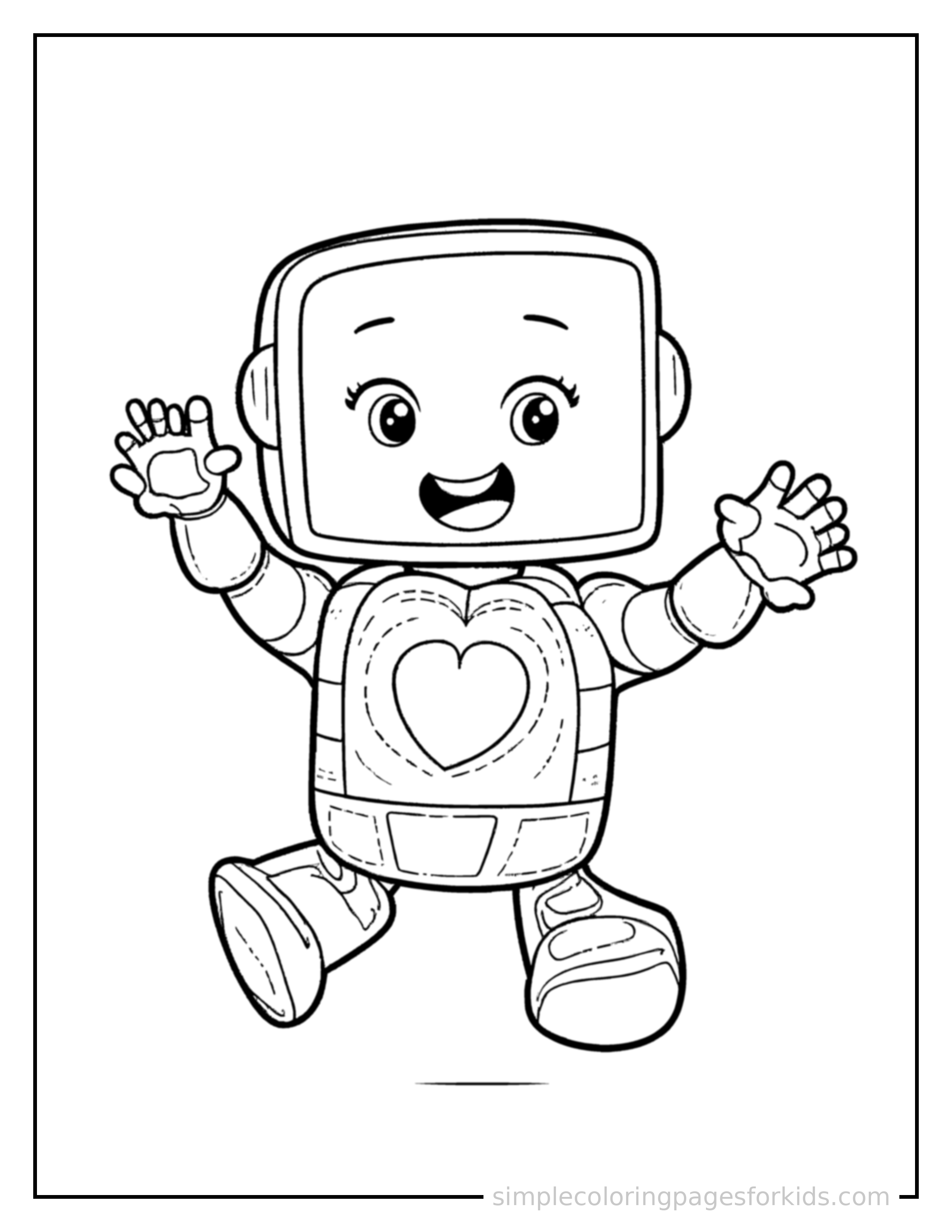 Free printable little robot friend with a heart-shaped screen coloring page featuring a cute little robot friend with a heart-shaped screen mid-jump with arms and legs stretched out playfully, mouth open with excitement.