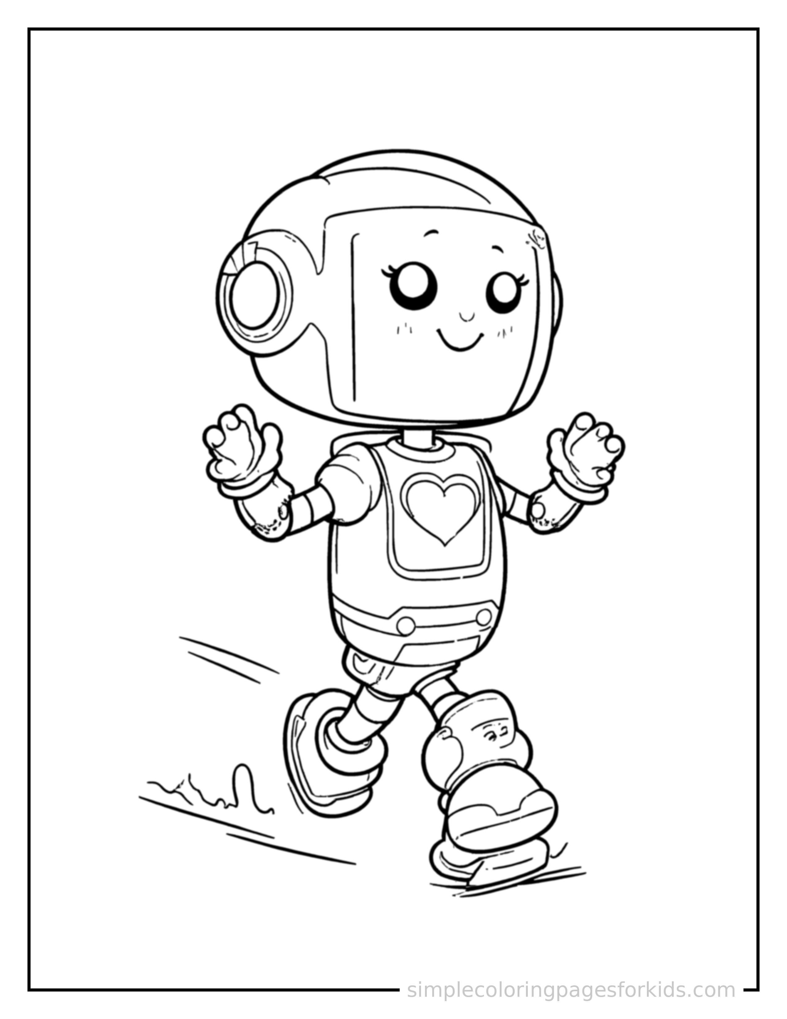 Free printable little robot friend with a heart-shaped screen coloring page featuring a cute little robot friend with a heart-shaped screen running forward at full speed, arms pumping, big happy grin.
