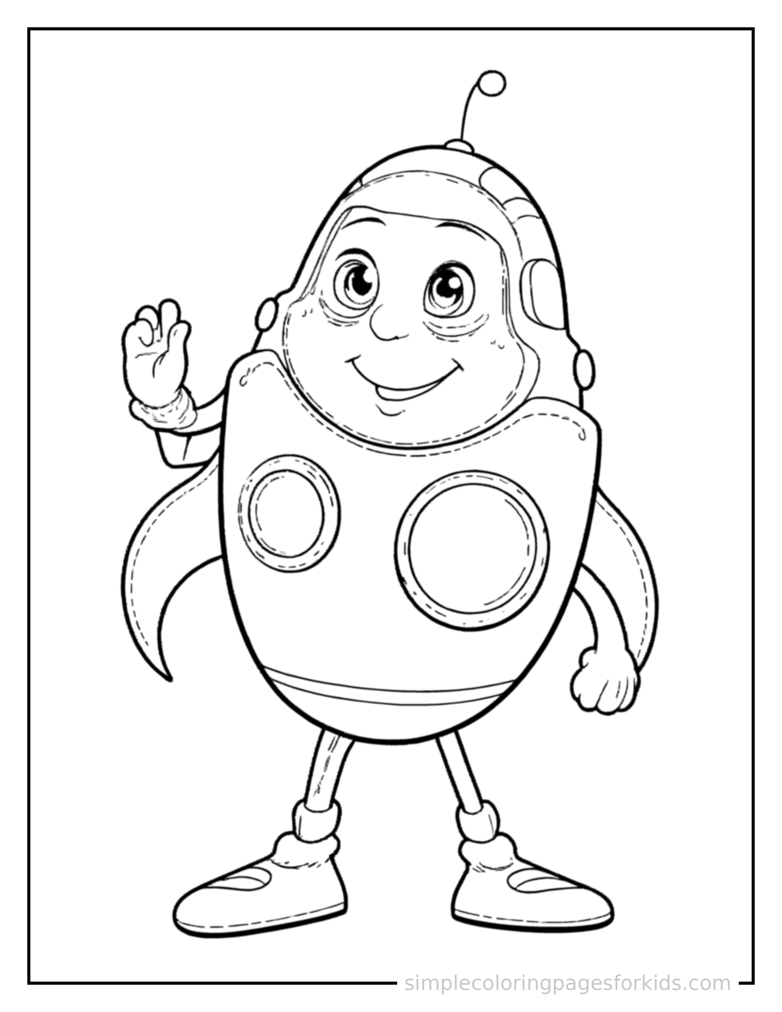 Free printable friendly alien spaceship with round windows coloring page featuring a cute friendly alien spaceship with round windows standing tall with a big cheerful grin, one hand raised in a wave, head tilted slightly.