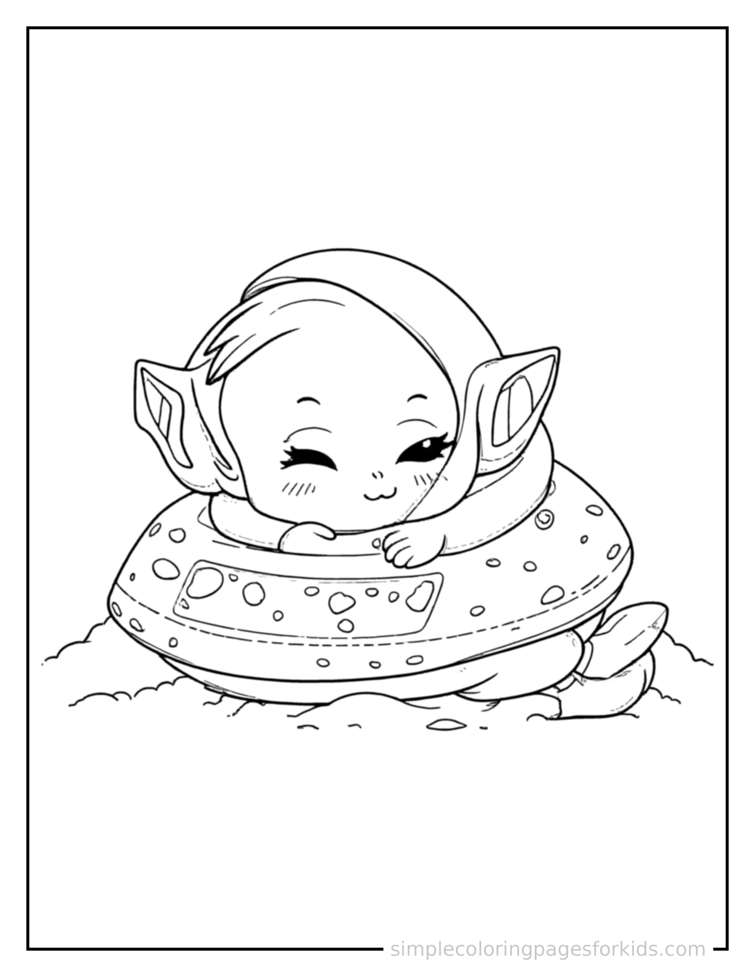 Free printable friendly alien spaceship with round windows coloring page featuring a cute friendly alien spaceship with round windows curled up fast asleep, peaceful smile, one eye scrunched shut, hands tucked under the chin.
