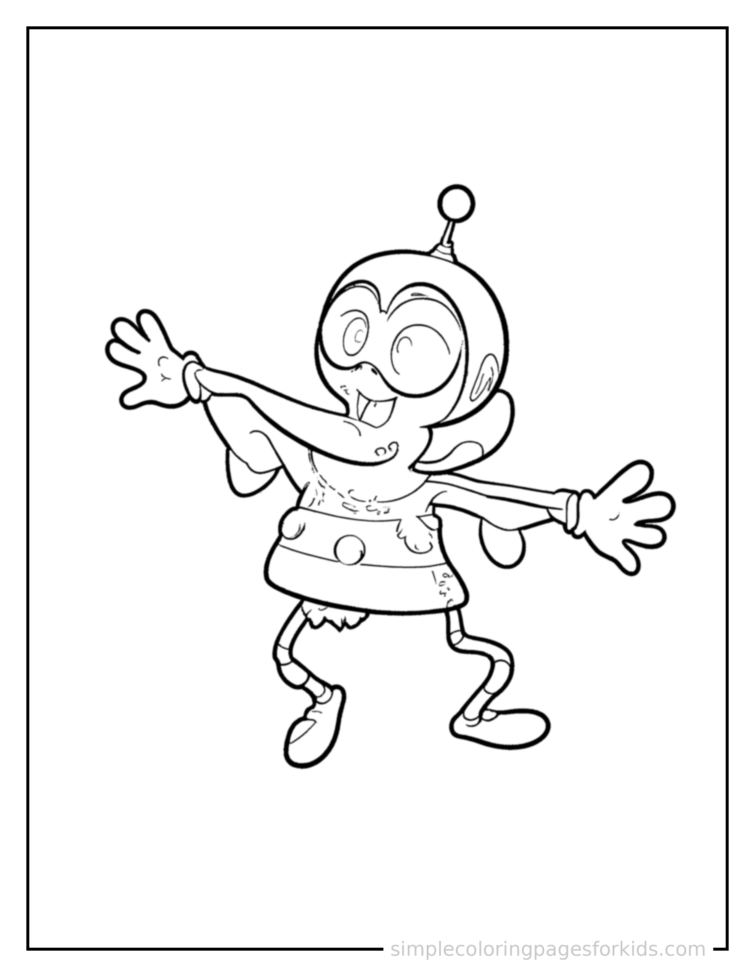 Free printable friendly alien spaceship with round windows coloring page featuring a cute friendly alien spaceship with round windows mid-jump with arms and legs stretched out playfully, mouth open with excitement.