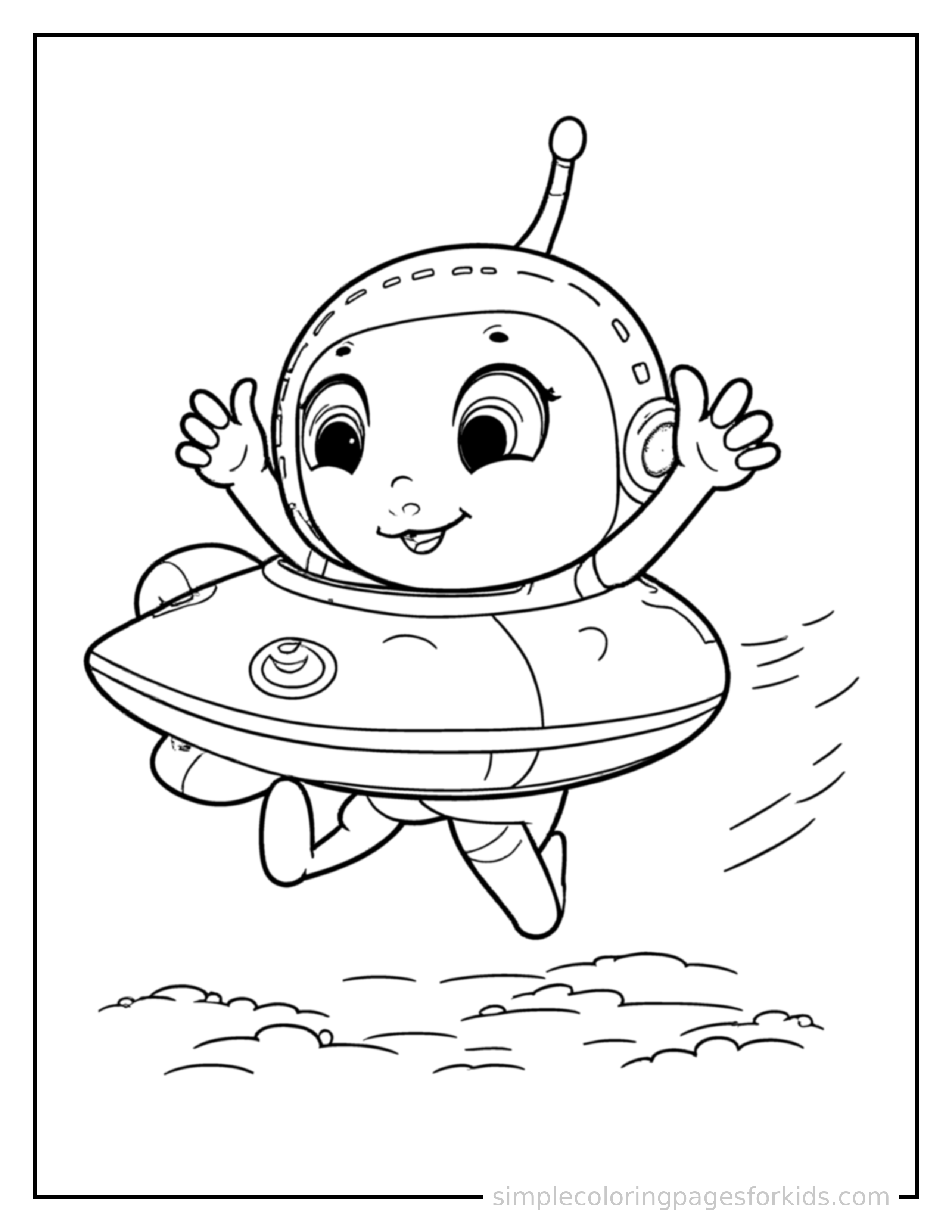 Free printable friendly alien spaceship with round windows coloring page featuring a cute friendly alien spaceship with round windows running forward at full speed, arms pumping, big happy grin.