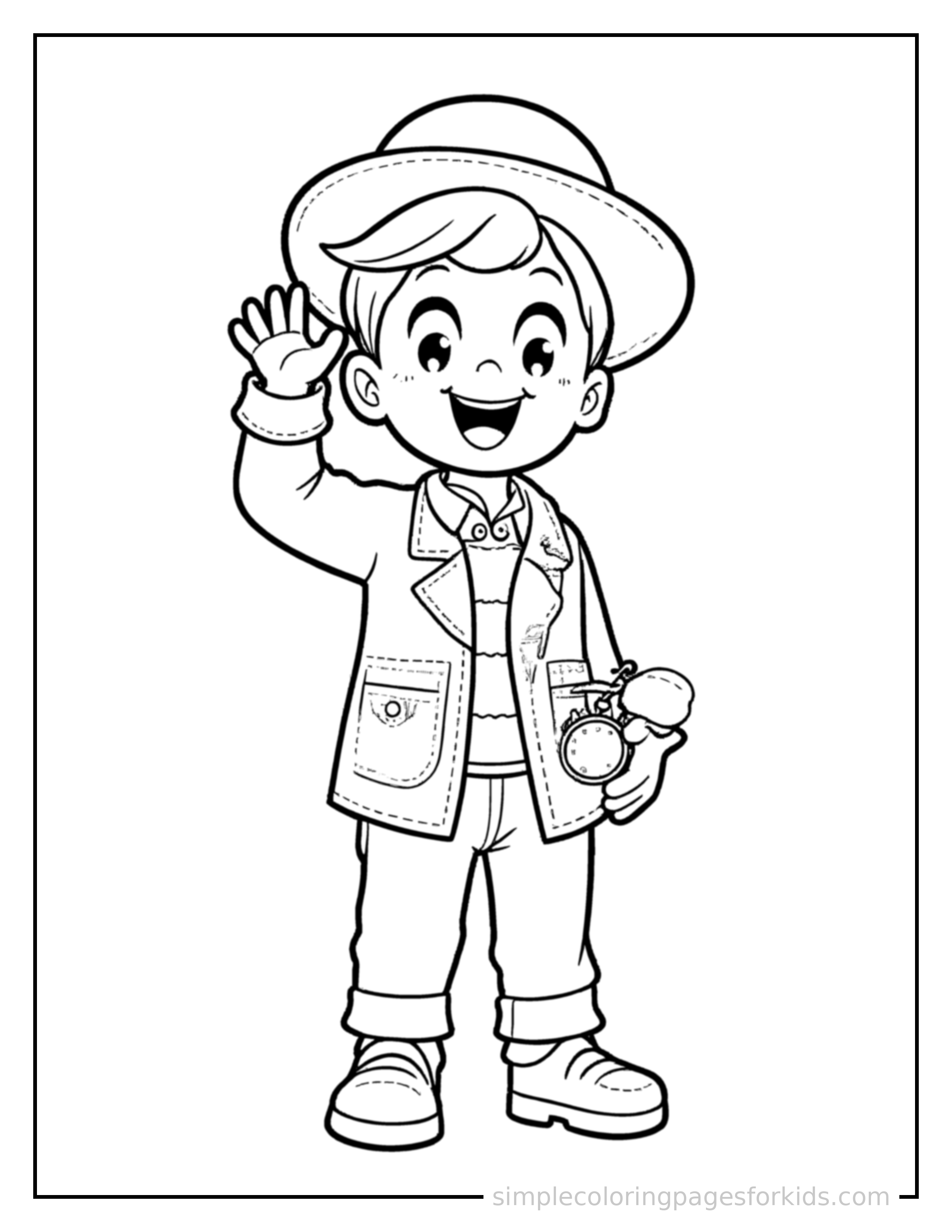 Free printable kid time traveler with a pocket watch coloring page featuring a cute kid time traveler with a pocket watch standing tall with a big cheerful grin, one hand raised in a wave, head tilted slightly.
