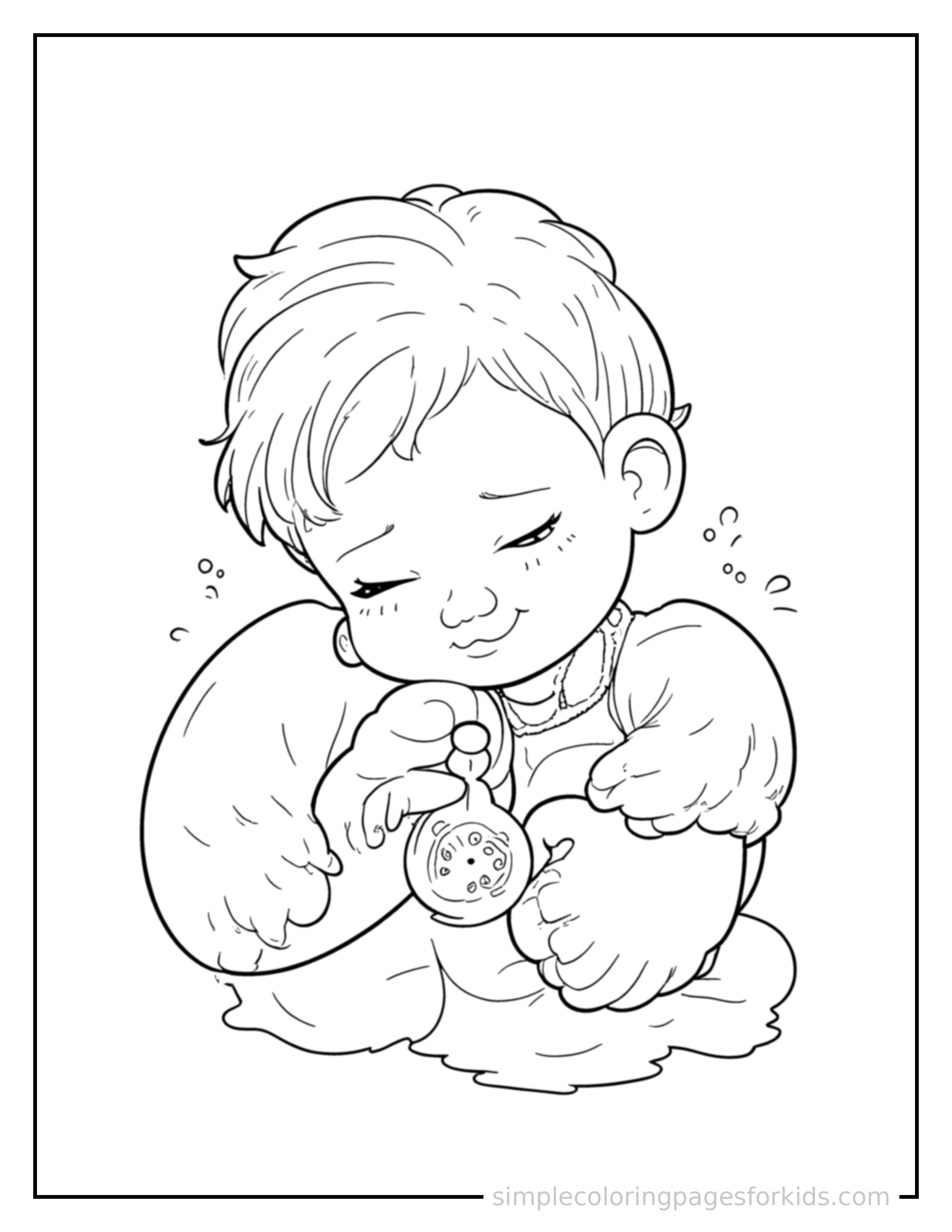 Free printable kid time traveler with a pocket watch coloring page featuring a cute kid time traveler with a pocket watch curled up fast asleep, peaceful smile, one eye scrunched shut, hands tucked under the chin.