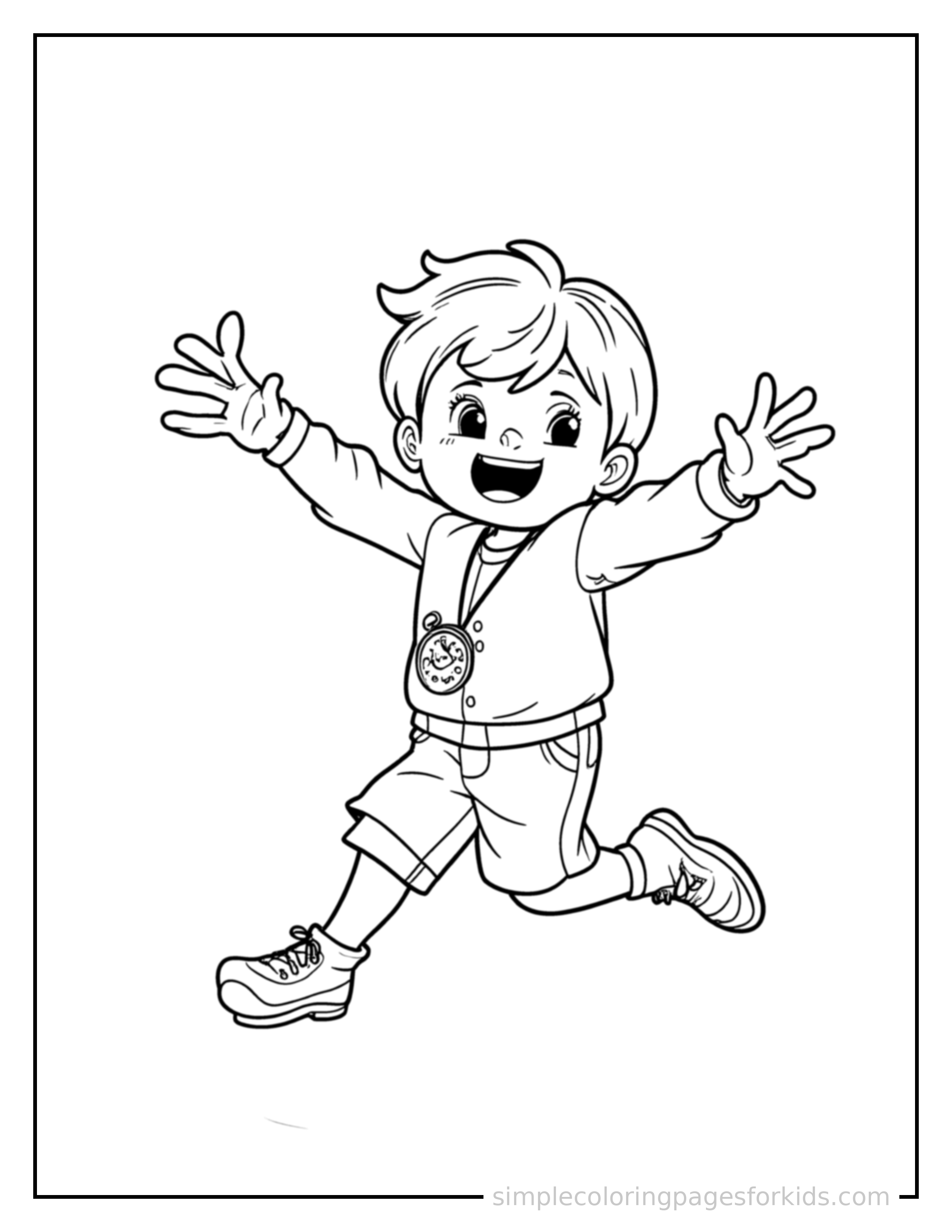Free printable kid time traveler with a pocket watch coloring page featuring a cute kid time traveler with a pocket watch mid-jump with arms and legs stretched out playfully, mouth open with excitement.