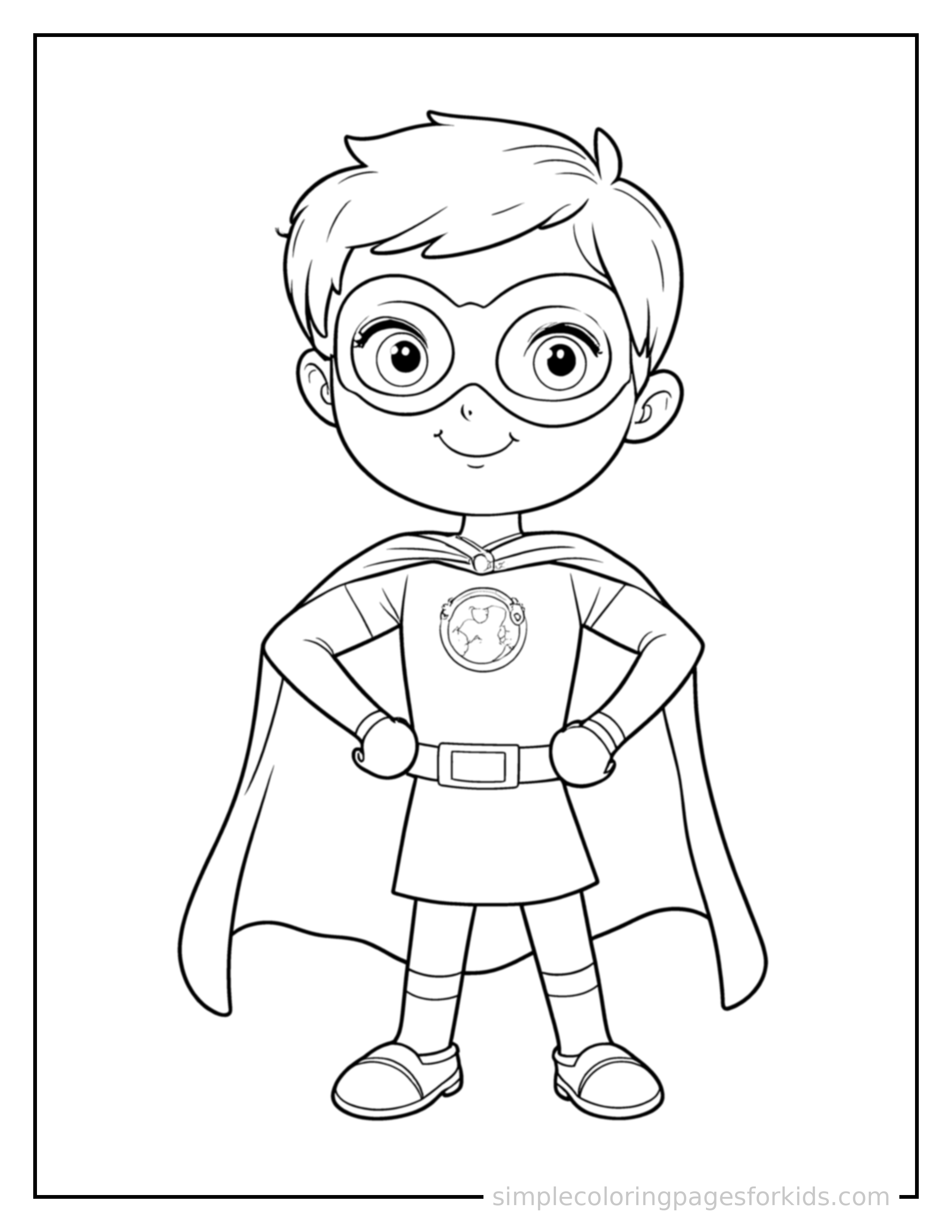 Free printable kid superhero with a cape and mask coloring page featuring a cute kid superhero with a cape and mask standing proudly with hands on hips, chest out, big sparkling happy eyes and open smile.