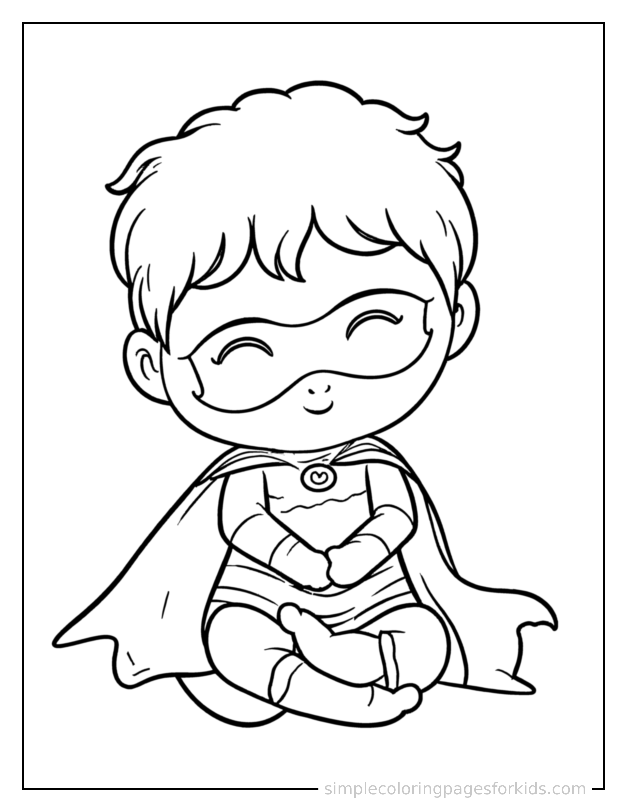 Free printable kid superhero with a cape and mask coloring page featuring a cute kid superhero with a cape and mask curled up fast asleep, peaceful smile, one eye scrunched shut, hands tucked under the chin.