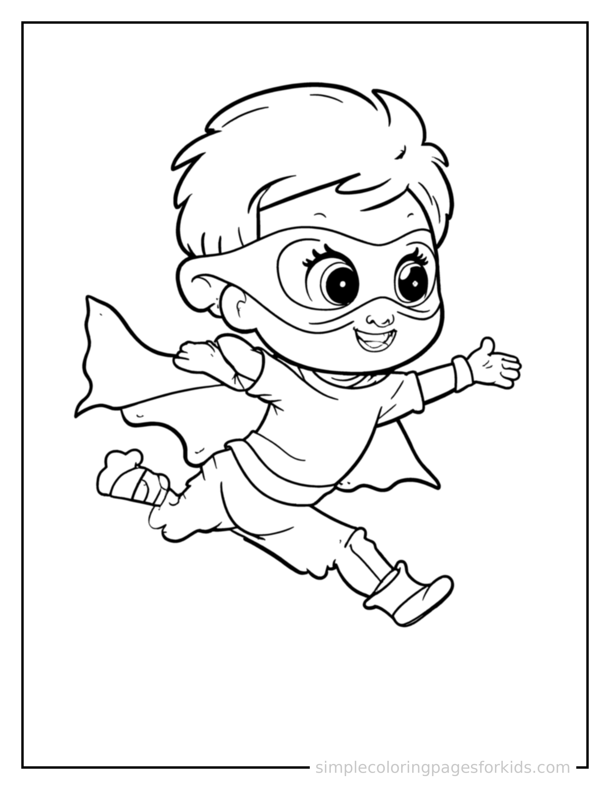 Free printable kid superhero with a cape and mask coloring page featuring a cute kid superhero with a cape and mask mid-jump with arms and legs stretched out playfully, mouth open with excitement.